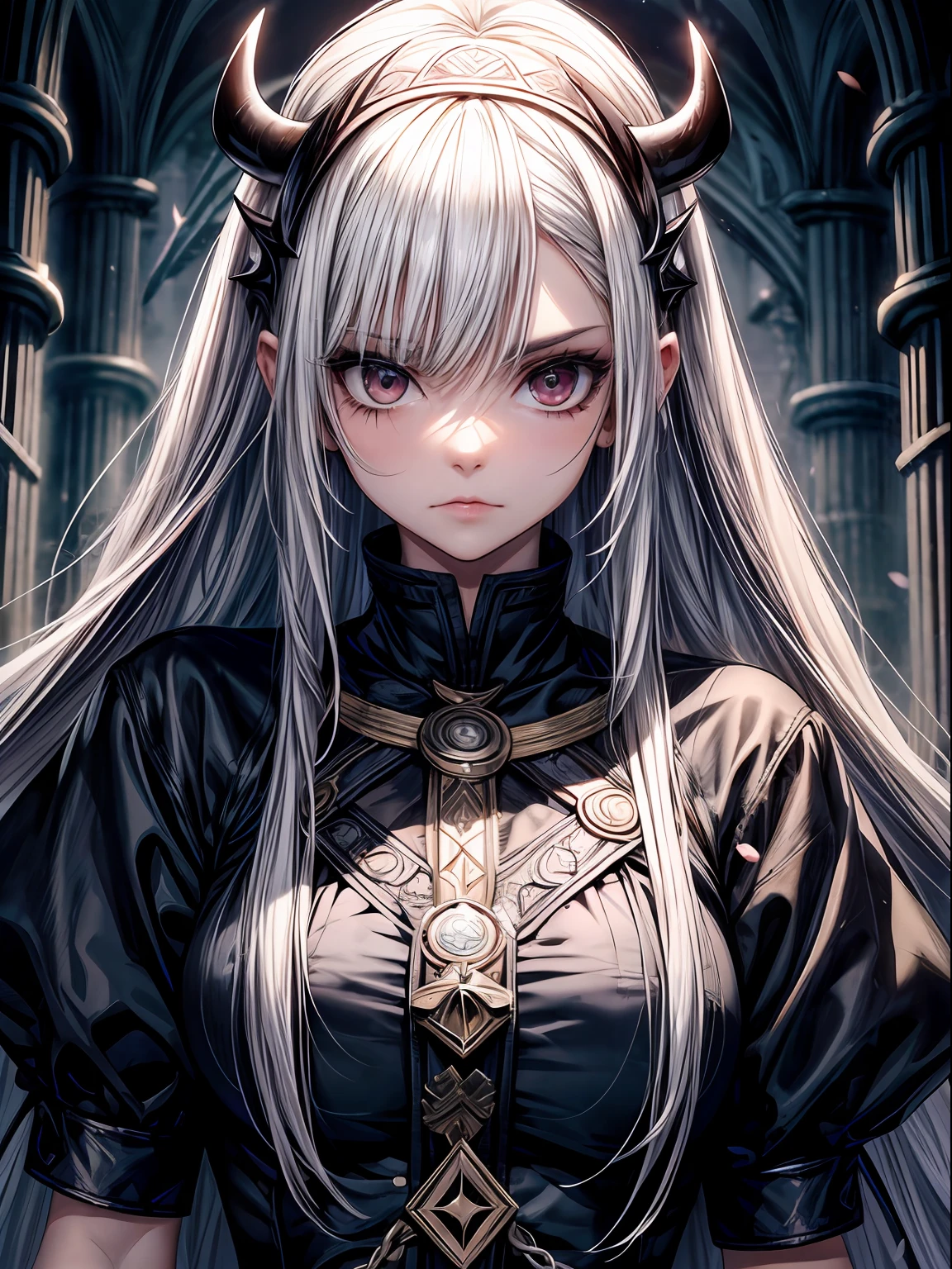 Mujer madura, ojos rojos, cabello blanco, Cabello largo, cabello liso, hair strand, orejas largas, pale white skin, pechos grandes. Lleva uniforme oscuro, r Cuello de pie, Capa oscura, guantes blancos. Tiene dos dagas en la cintura. Medieval, fantasy, sangre, rostro manchado de sangre.