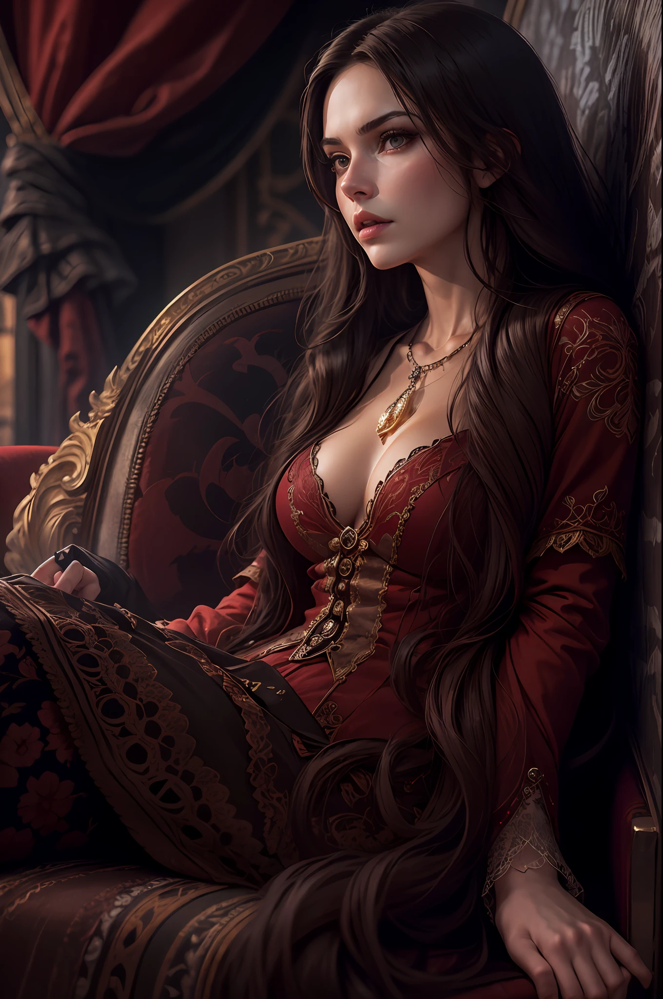 A brunette woman with long hair sitting on a couch in sexy clothes, Realistic, Muitos detalhes, Tema Fantasia Medieval, corpo inteiro, rosto da princesa, corpo definido, Realismo, Cinematic lighting, de cima, super detalhe
