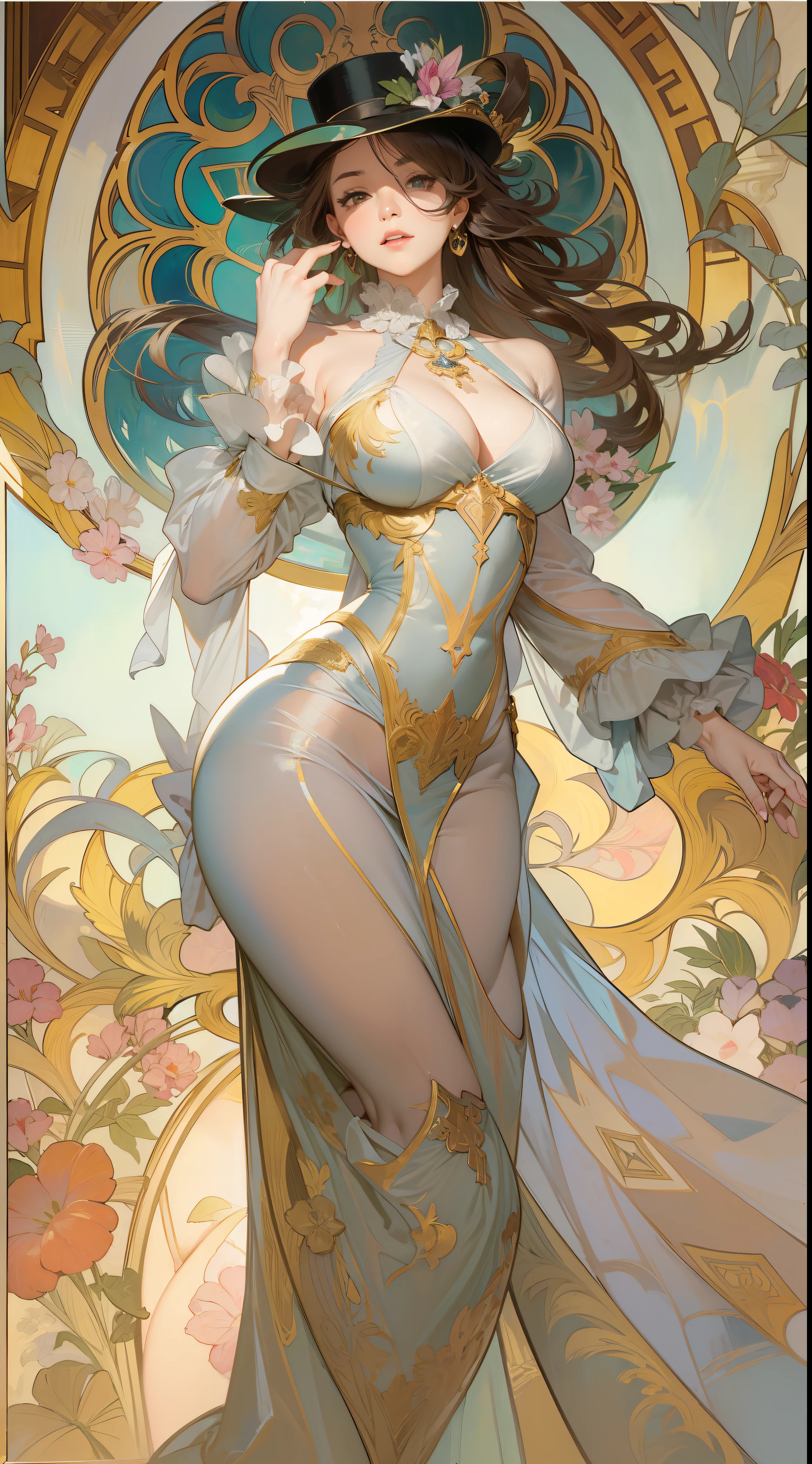 beautiful lady, Alphonse Mucha's style、Top hat、tailcoat, 比基尼, tiese, light reflections, Oil painting, voluminetric lighting,sexy big breasts exposed，extremely large bosom，