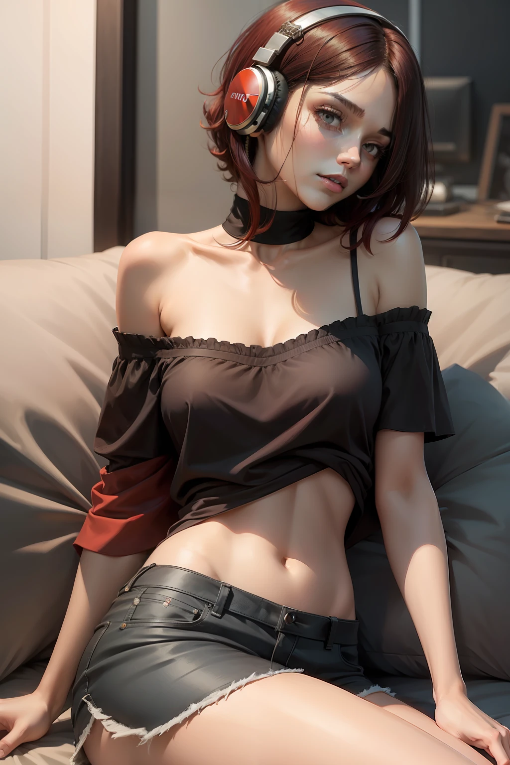 Woman Shortcut Off Shoulder Reddish Black Hair Straight Hair Headphones Arm Crossing Lazy
