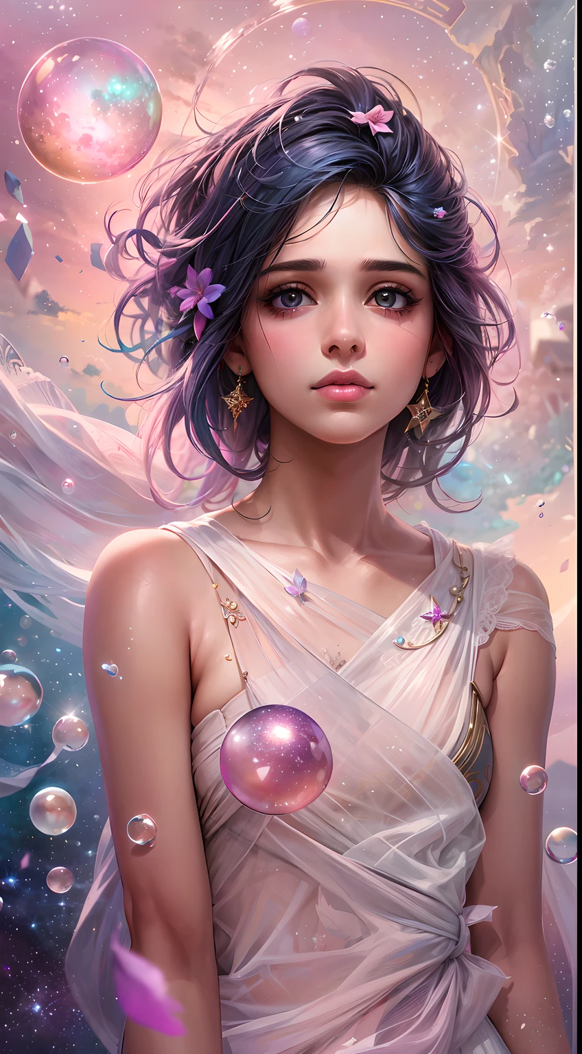 ((masterpiece)). This artwork is sweet, dreamy and ethereal, with soft pink watercolor hues and candy accents. Generate a delicate and demure fae exploring a (bubblegum world with a wide variety of pastel shades). Her sweet face is extremely detailed and realistic with elegant features and a expression, and looks like ((((naomi scott)))). Include matureres and stunning, highly realistic eyes. Her eyes are important and should be realistic, highly detailed, and beautiful. In high definition and detail, include lots of details like stars, galaxies, colorful bubbles, colorful petals, and lots of energy and emotion! The stars and colorful bubblegum bubbles are important! Include fantasy details, enhanced details, iridescence, colorful glittering wind, and pollen. Pay special attention to her face and make sure it is beautifully and realistically detailed. The image should be dreamy and ethereal.8k, intricate, elegant, highly detailed, majestic, digital photography