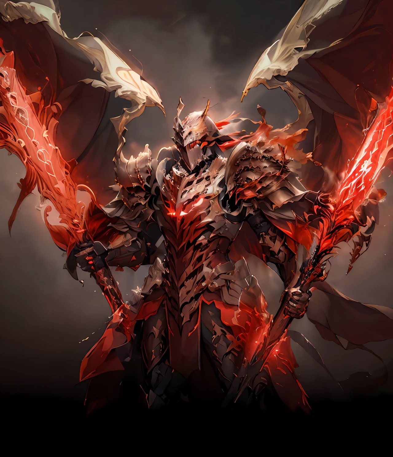 CGDivineSwordsw, armor, weapon, solo, 1boy, male focus, sword, shoulder armor, holding, helmet, glowing, holding weapon, holding sword, pauldrons, breastplate, gauntlets, full armor, cape, black armor, glowing weapon, greaves, epic glow,