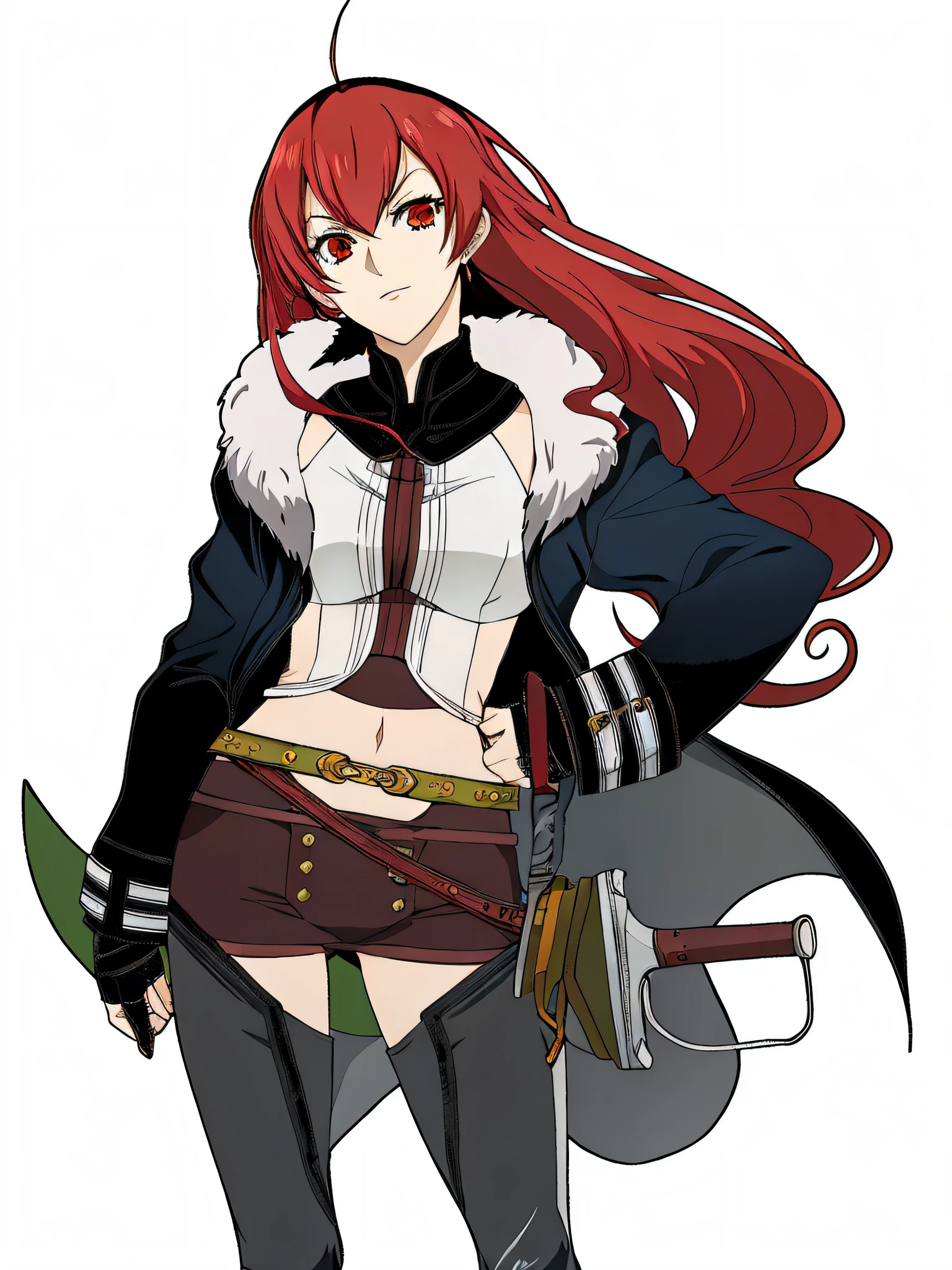 Garota anime com cabelo vermelho e uma capa preta segurando uma faca, female redhead templar, garota de anime desonestos, Erza Scarlet como uma pessoa real, personagem de anime feminino, Marin Kitagawa Fanart, protagonista feminina 👀 :8, uma mulher berserker muito bonita, assassino rouge feminino, arte oficial do personagem, Personagem JRPG, Fuso Rei, protagonista feminina, personagem de anime, cabelos vermelhos, cabelo vermelho.