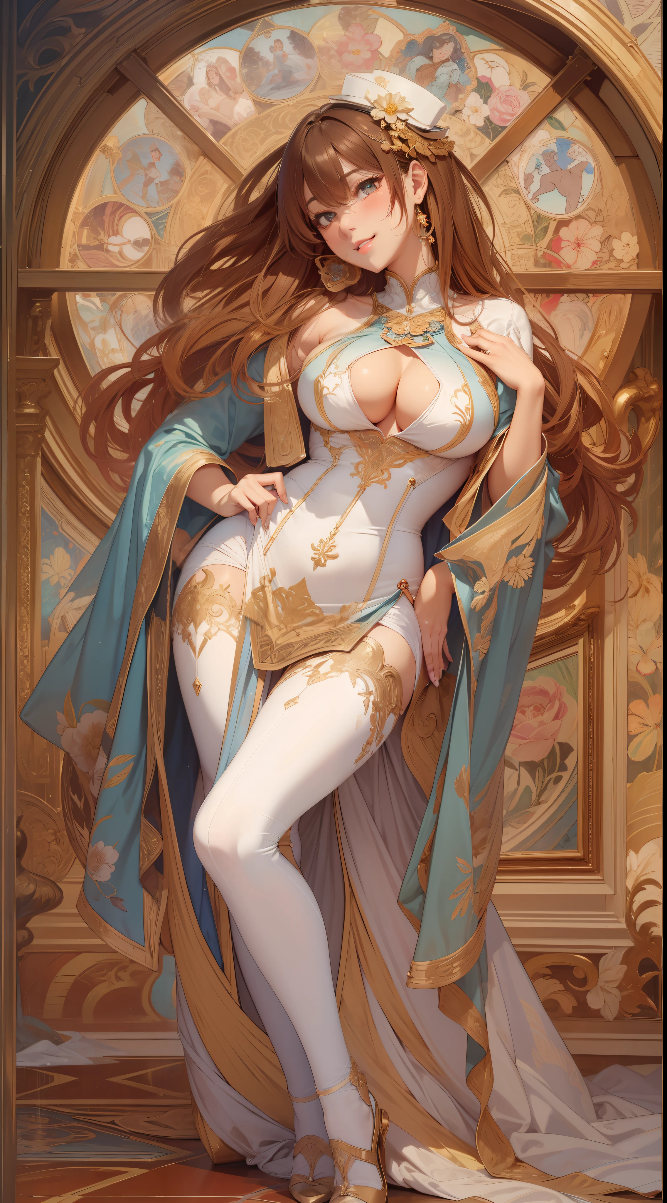 beautiful lady, Alphonse Mucha's style、Top hat、tailcoat, light reflections, Oil painting, voluminetric lighting,sexy  exposed，Bigchest，1female，36 years old，Huge ， 独奏， Spanish bullfighter， Head flower，coniferous forest，  She has long flowing hair，  ， standing on your feet，Bigchest，Wet straight hair，Sweat profusely，drenched all over the body，frontage， hair straight， mostly cloudy sky，（（（tmasterpiece），（Very detailed CG unity 8K wallpaper），best qualtiy，cinmatic lighting，detailed back ground，beatiful detailed eyes，Bright pupils，（Very fine and beautiful），（Beautiful and detailed eye description），ultra - detailed，tmasterpiece，）），facing at camera，A high resolution，ultra - detailed），Beautiful legs and buttocks，Very long hair，legs are open，Emotive expressions，Smile，Open-mouthed，Flushed complexion，Chest sagging，nakeness， Bulge，Expose the genitals，revealing breasts，Camel toes，with no underpants，extremely large bosom，Extremely colorful，Most detailed，fully body photo，The face is well lit