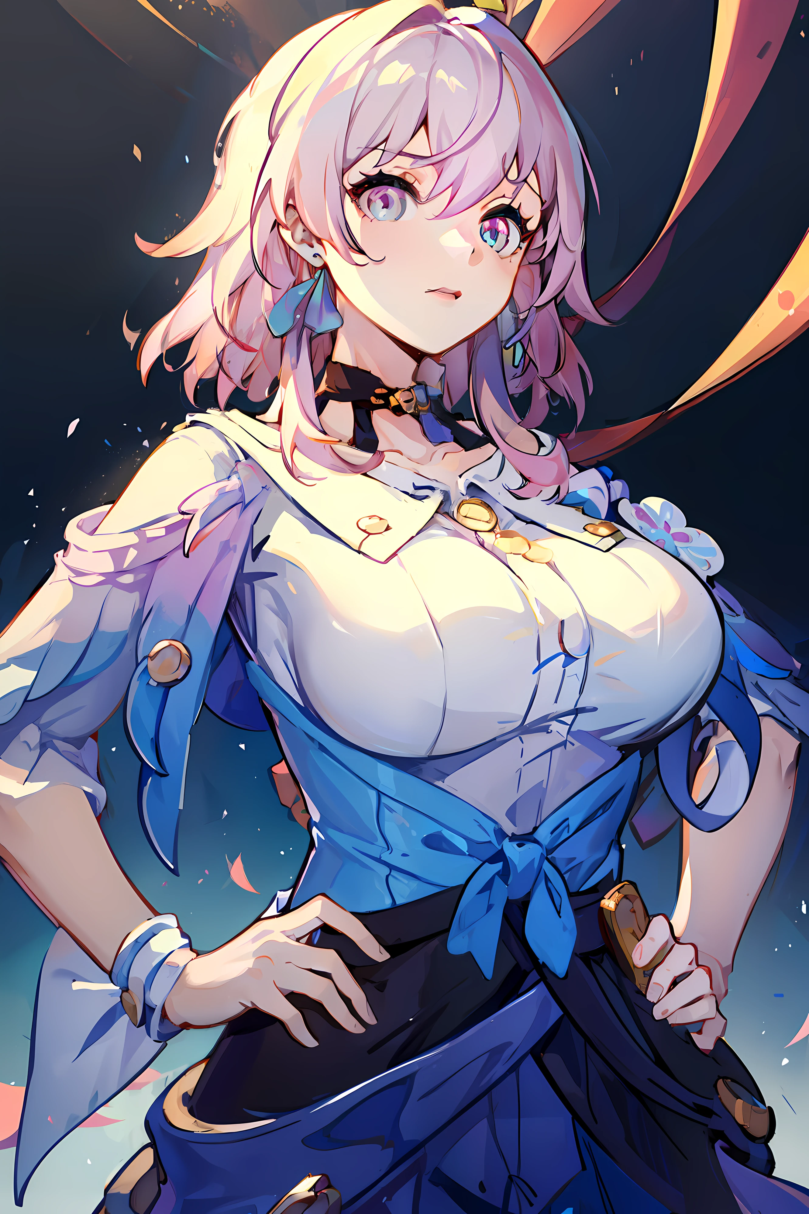 (masterpiece),best quality, expressive eyes, perfect face, 1girl,
big breast, H-cup, good breast, beautiful, gorgeous,anime,girl,lora, hands on waist, hands on hips,march7th,
multicolored_eyes,
pink hair,
ribbon earrings,