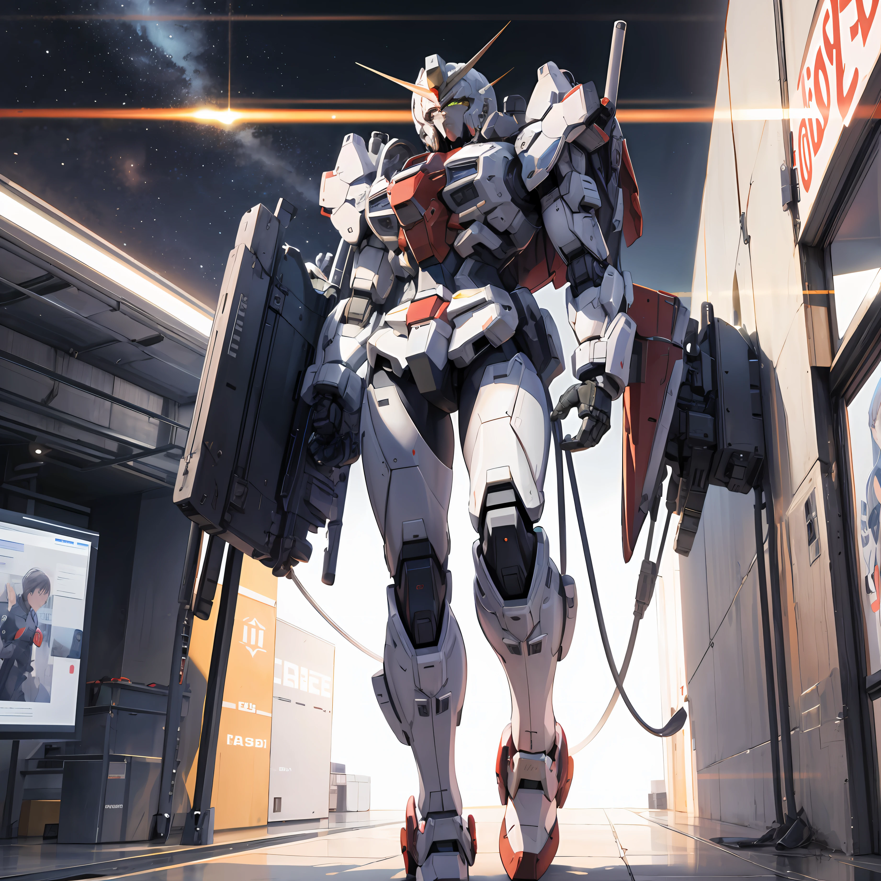 8k, RAW photo,best quality, masterpiece, ultra high res,(photorealistic:1.4), Real robot, Gundam, super cool, new model, looks strong, sci-fi, space battleship launch deck, humanoid general-purpose weapon for space, total height 18 meters, beam rifle equipped in the right hand, shield held in the left hand, smart body, walking around the feet Scene of maintenance staff preparing for departure