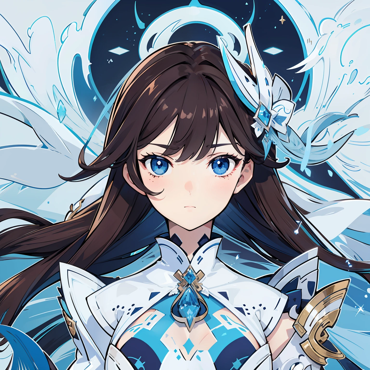 perfect face, expressive eyes, light blue upturned eyes, white and navy blue fantasy outfit, long dark brown hair, freckles, genshin