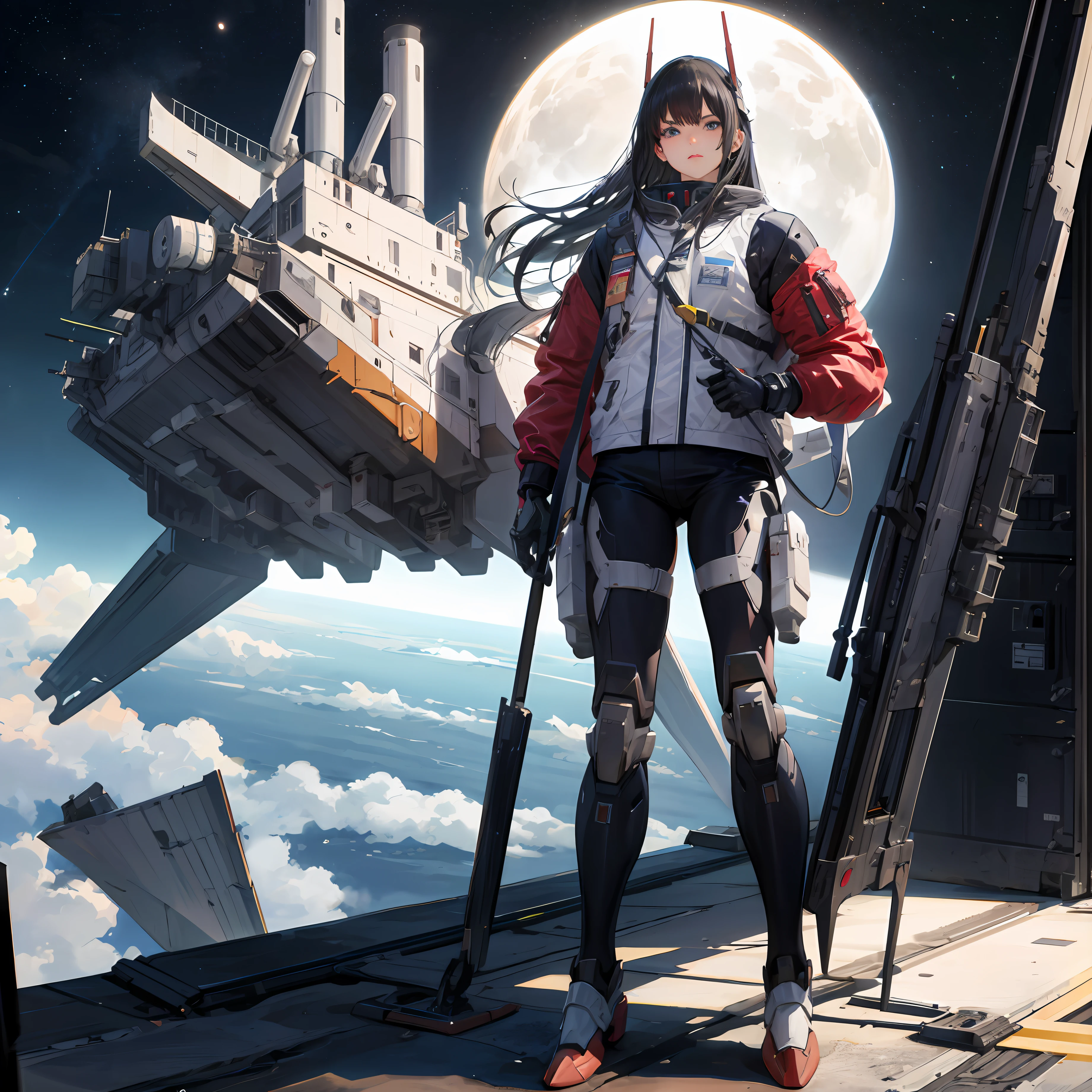 8k, RAW photo,best quality, masterpiece, ultra high res,(photorealistic:1.4), Real robot, Gundam, super cool, new model, looks strong, sci-fi, space battleship launch deck, humanoid general-purpose weapon for space, total height 18 meters, beam rifle equipped in the right hand, shield held in the left hand, smart body, walking around the feet Scene of maintenance staff preparing for departure