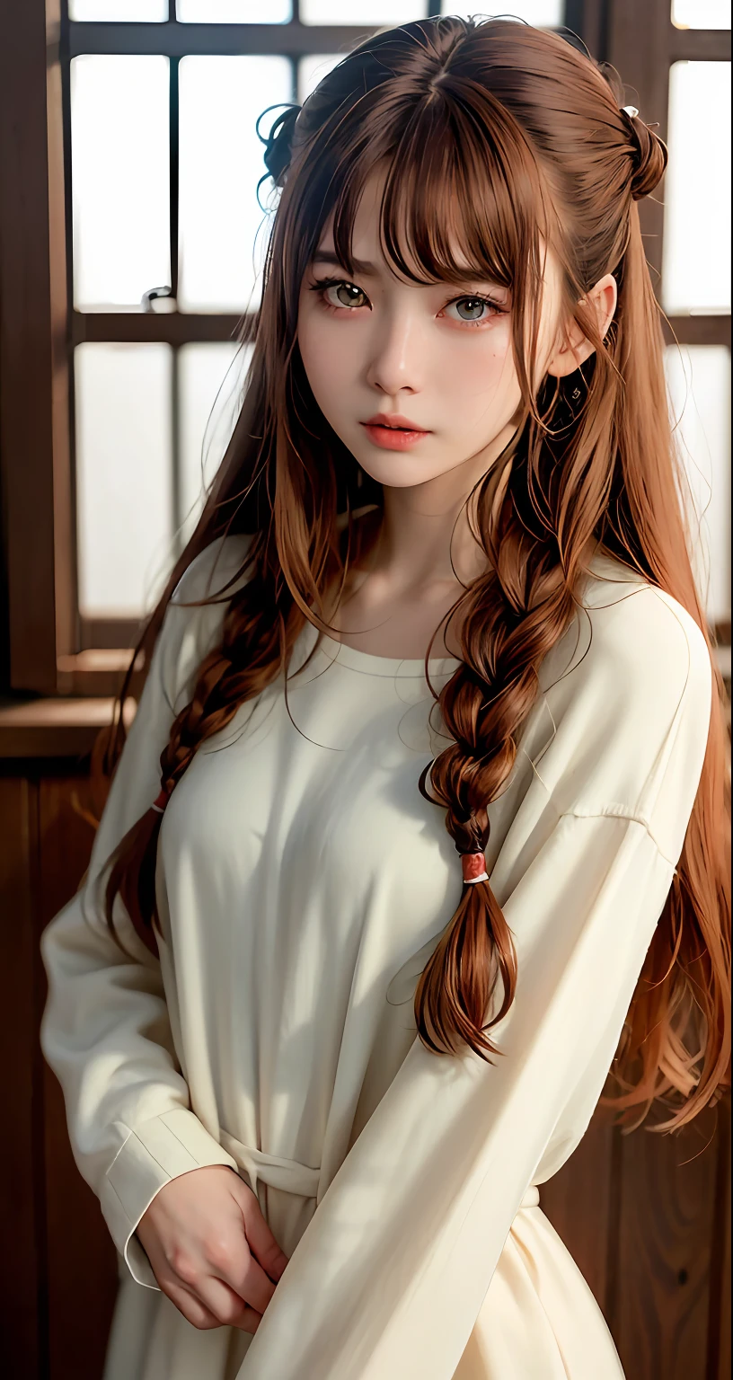 8k, RAW Photography, portlate, Turned、Kamimei、straight haired、top-quality, 超A high resolution、鎖骨、onepiece、Braids、window、Photorealsitic, 女の子1人, full bodyesbian, redhair, Green eyes、piercings, a smile, eye lashes, 电影灯光, depth of fields, lensflare