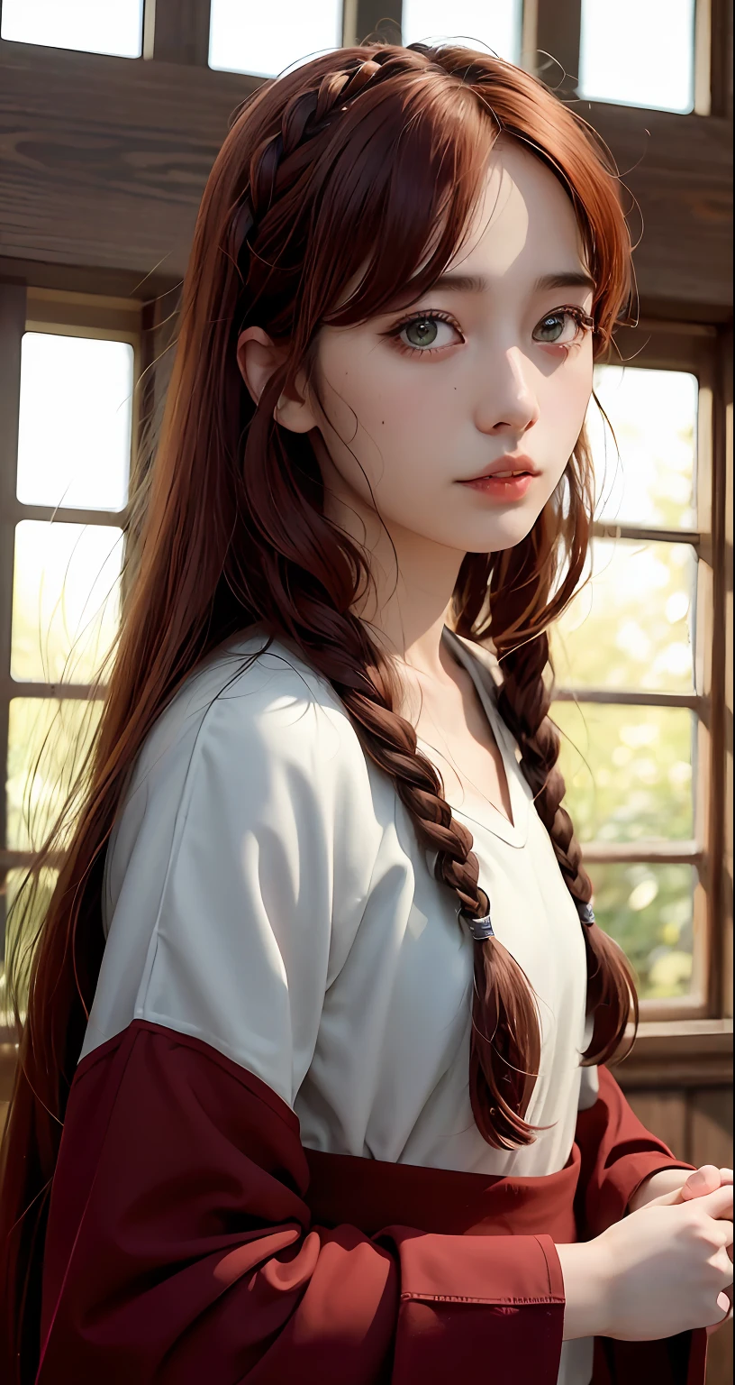 8k, RAW Photography, portlate, Turned、Kamimei、straight haired、top-quality, 超A high resolution、鎖骨、onepiece、Braids、window、Photorealsitic, 女の子1人, full bodyesbian, redhair, Green eyes、piercings, a smile, eye lashes, 电影灯光, depth of fields, lensflare