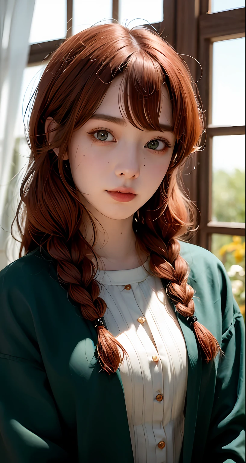 8k, RAW Photography, portlate, Turned、Kamimei、straight haired、top-quality, 超A high resolution、鎖骨、onepiece、Braids、window、Photorealsitic, 女の子1人, full bodyesbian, redhair, Green eyes、piercings, a smile, eye lashes, 电影灯光, depth of fields, lensflare