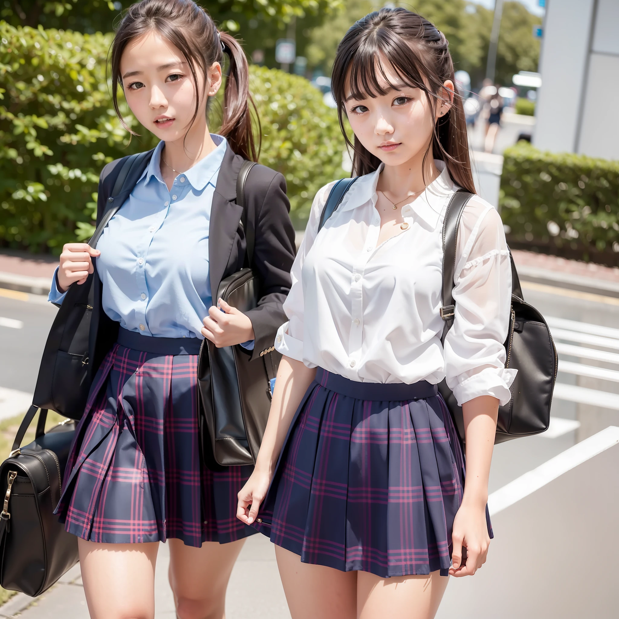 (in 8K、Raw photography、top-quality、​masterpiece:1.2)、ultra-detailliert、Live-action girls、High school girls walking in the city with happy expressions、She is wearing a white blouse and the heat has three buttons of her blouse open from the top, so you can see her cleavage.、Wearing a short uniform skirt with blue plaid pattern、Holding a black school bag in his left hand、Raw video、Cute schoolgirl in live action、