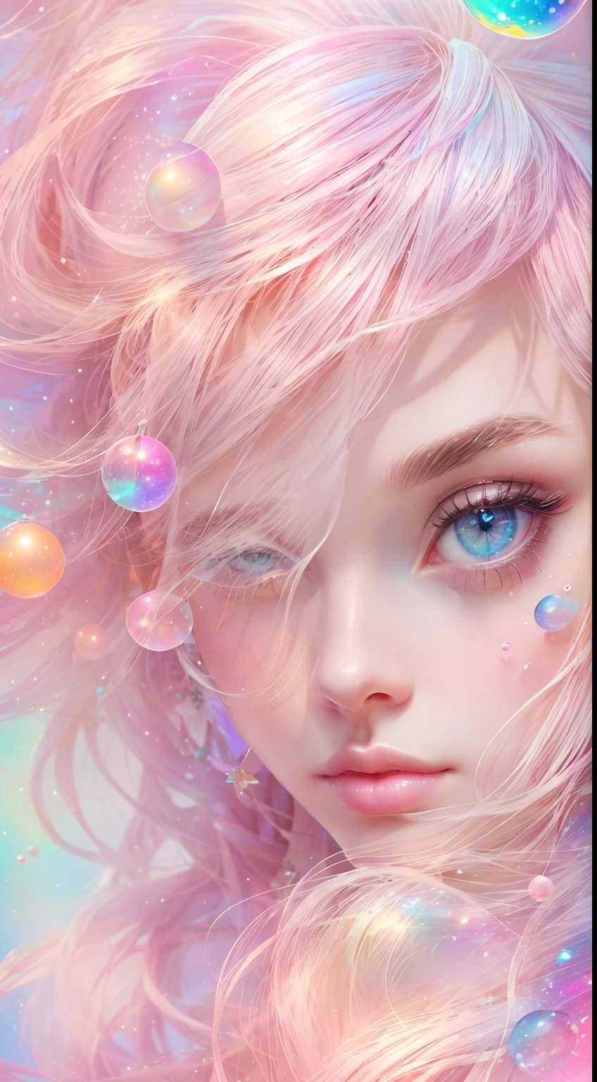 ((masterpiece)). This artwork is sweet, dreamy and ethereal, with soft pink watercolor hues and candy accents. Generate a delicate and demure fae exploring a (bubblegum world with a wide variety of pastel shades). Her sweet face is extremely detailed and realistic with elegant features and a fierce expression, and looks like (britney spears). Include mature features and stunning, highly realistic eyes. Her eyes are important and should be realistic, highly detailed, and beautiful. In high definition and detail, include lots of details like stars, galaxies, colorful bubbles, colorful petals, and lots of energy and emotion! The stars and colorful bubblegum bubbles are important! Include fantasy details, enhanced details, iridescence, colorful glittering wind, and pollen. Pay special attention to her face and make sure it is beautifully and realistically detailed. The image should be dreamy and ethereal.8k, intricate, elegant, highly detailed, majestic, digital photography