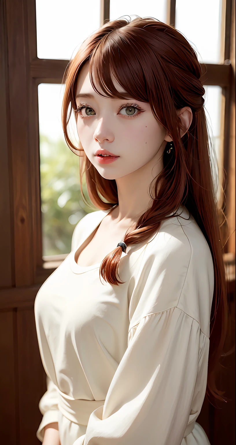 8k, RAW Photography, portlate, Turned、Kamimei、shoulder、straight haired、top-quality, 超A high resolution、鎖骨、onepiece、Braids、window、Photorealsitic, 1人, full bodyesbian, redhair, Green eyes、piercings, a smile, eye lashes, 电影灯光, depth of fields, lensflare