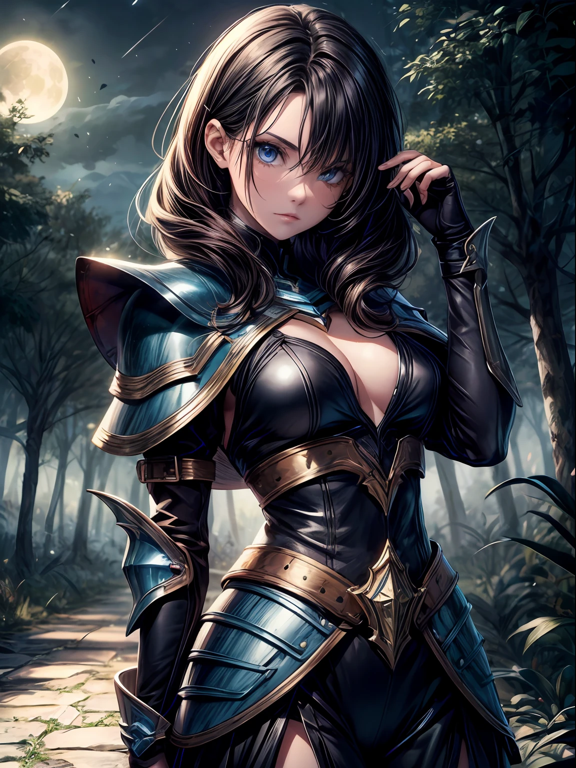 Una mujer,
ojos azules, cabello amarillo, Cabello largo, cabello liso, flequillo lateral partido.
Lleva una armadura oscura, Cuello de pie, cuello, capa azul. Tiene una espada en la cintura. fantasy. Bosque oscuro, oscuridad, luna.