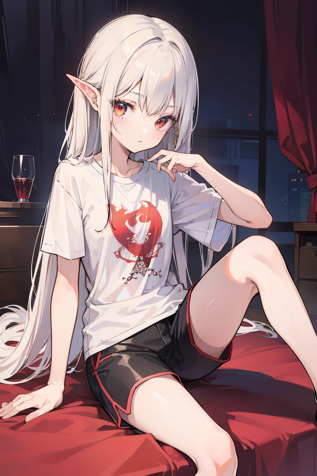 beste-Qualit, super detailed illustration, the perfect body,(1 teenage girl:1.2), (l vampire:1.2), Long white hair , dnd, in shorts, in a T-shirt, little chest, Sits