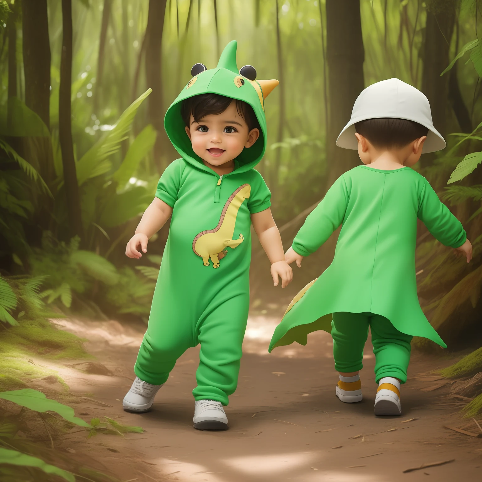Bebe, roupa de dinossauro, floresta, estilo realista