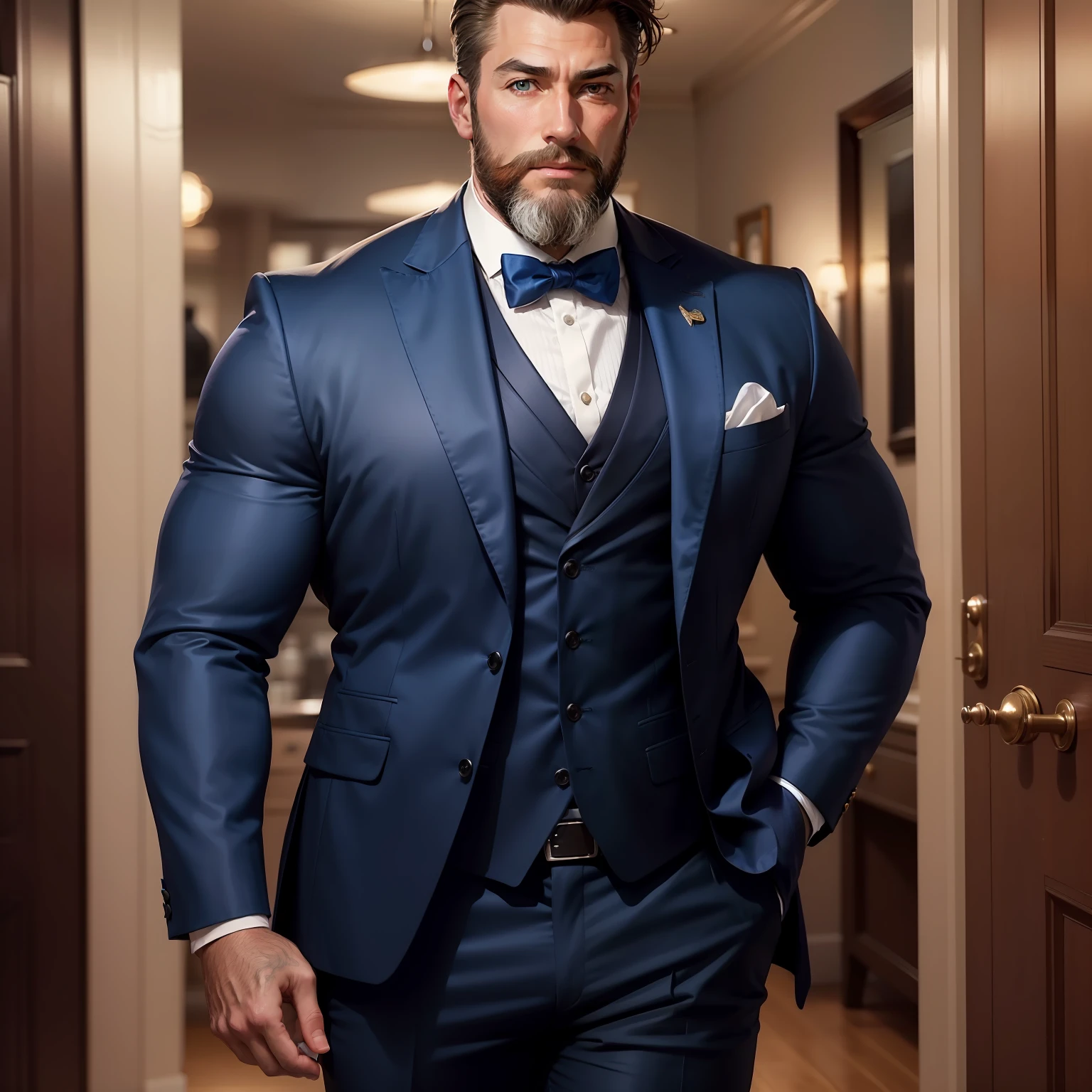 "Stylish and confident, this dapper gentleman rocks a blue suit, showcasing his full-bodied charm and distinguished salt-and-pepper beard."