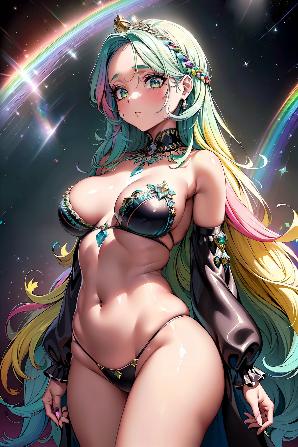 uma linda garota, (rosto ultra detalhado, detalhado, perfeito), (((rainbow hair))), (olhos detalhados), (pupila amarela), ((olhos amarelos)), (((large eyelashes))), ((Tira Reta)), ((rainbow colored hair)), ((Nosso)), corpo de mulher madura, (seios grandes), (quadril largo), ((ornamento no cabelo), exibindo figura delicada e curvas graciosas, Ethereal, celestial, galaxy, estrelas, cosmic enlightenment, fotografia de estilo sonhador, super detalhado, roupas vermelhas, Multicolored blue smoke background, vaca leiteira, ((vaca)), smoke, smoke