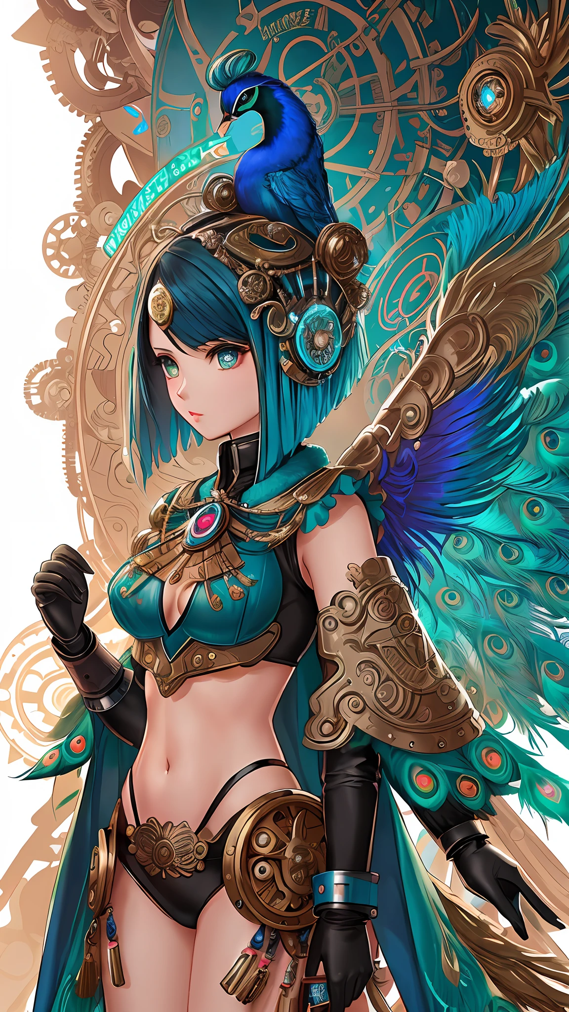 Peacock Mechanic Android, alas de robot, steam punk, earnst haeckel, james jean. arte generativo, barroco, patrones intrincados, fractalismo, Still film, fotorrealista, plumas de pavo real vibrantes, intrincado, elegante, muy detallado, pintura digital, artstation, suave, foco nítido, illustration, Run faster, vaporware, toma de cuerpo completo
