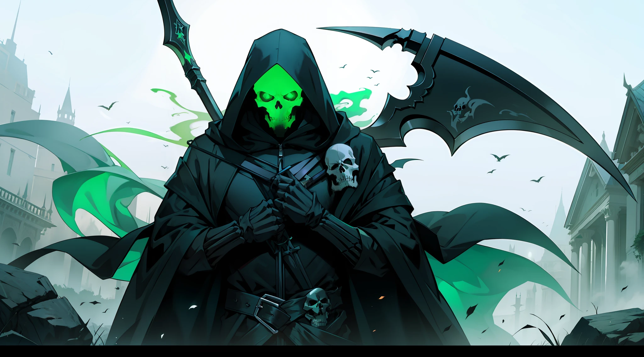 a hooded reaper skeleton , scythe, green smoke aura, morte