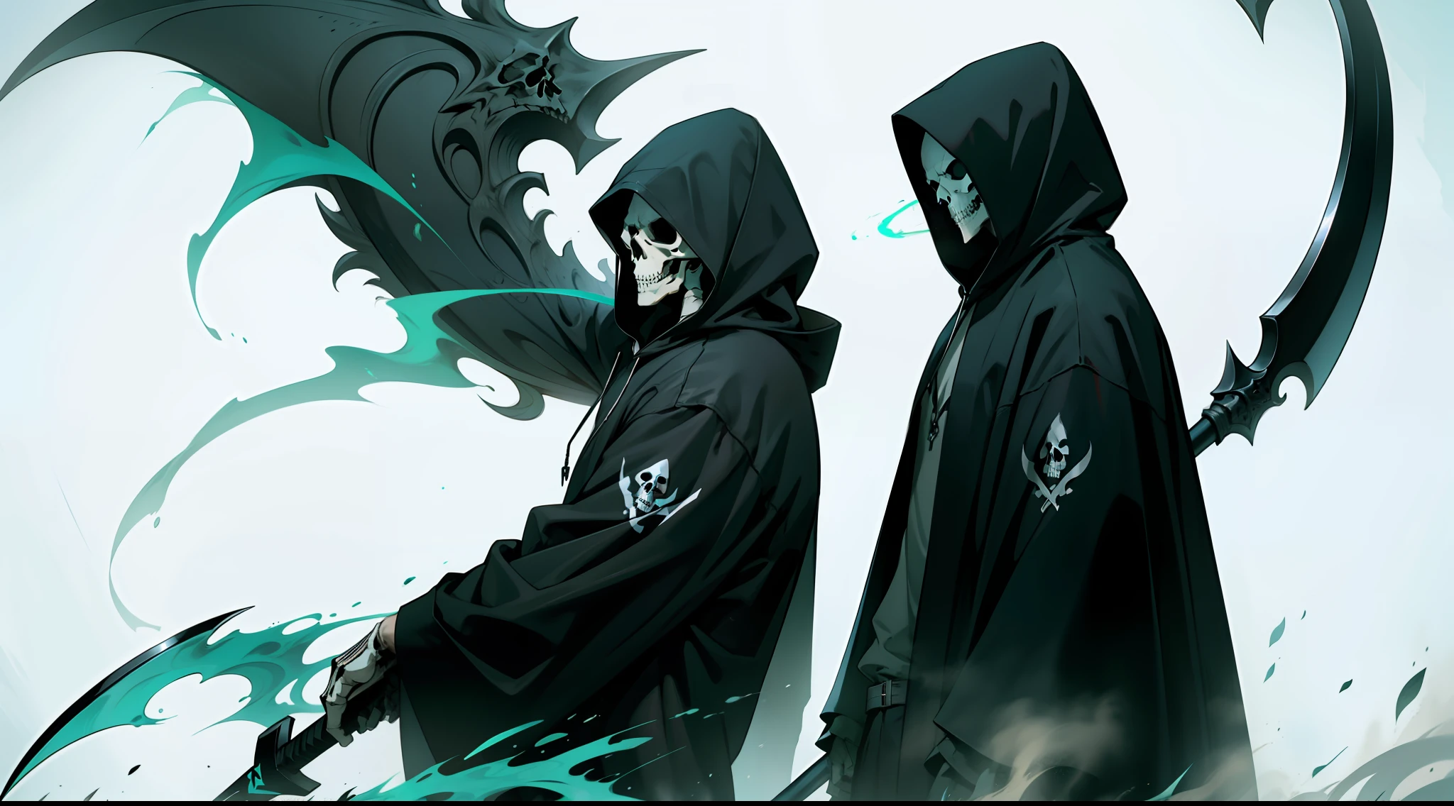 a hooded reaper skeleton , scythe, green smoke aura, morte