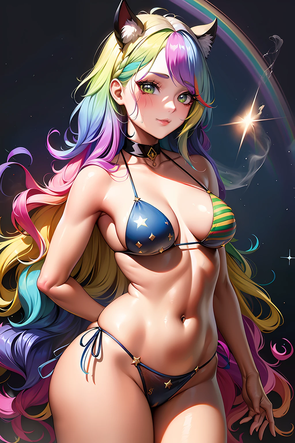 uma linda garota, (rosto ultra detalhado, detalhado, perfeito), (((rainbow hair))), ((vaca)), (With kitten bikini) (olhos detalhados), (pupila amarela), ((olhos amarelos)), (((large eyelashes))), ((Tira Reta)), ((rainbow colored hair)), ((Nosso)), corpo de mulher madura, (seios grandes), (quadril largo), ((ornamento no cabelo), exibindo figura delicada e curvas graciosas, Ethereal, celestial, galaxy, estrelas, cosmic enlightenment, fotografia de estilo sonhador, super detalhado, roupas vermelhas, Multicolored blue smoke background, vaca leiteira, ((vaca)), smoke billowing, smoke billowing