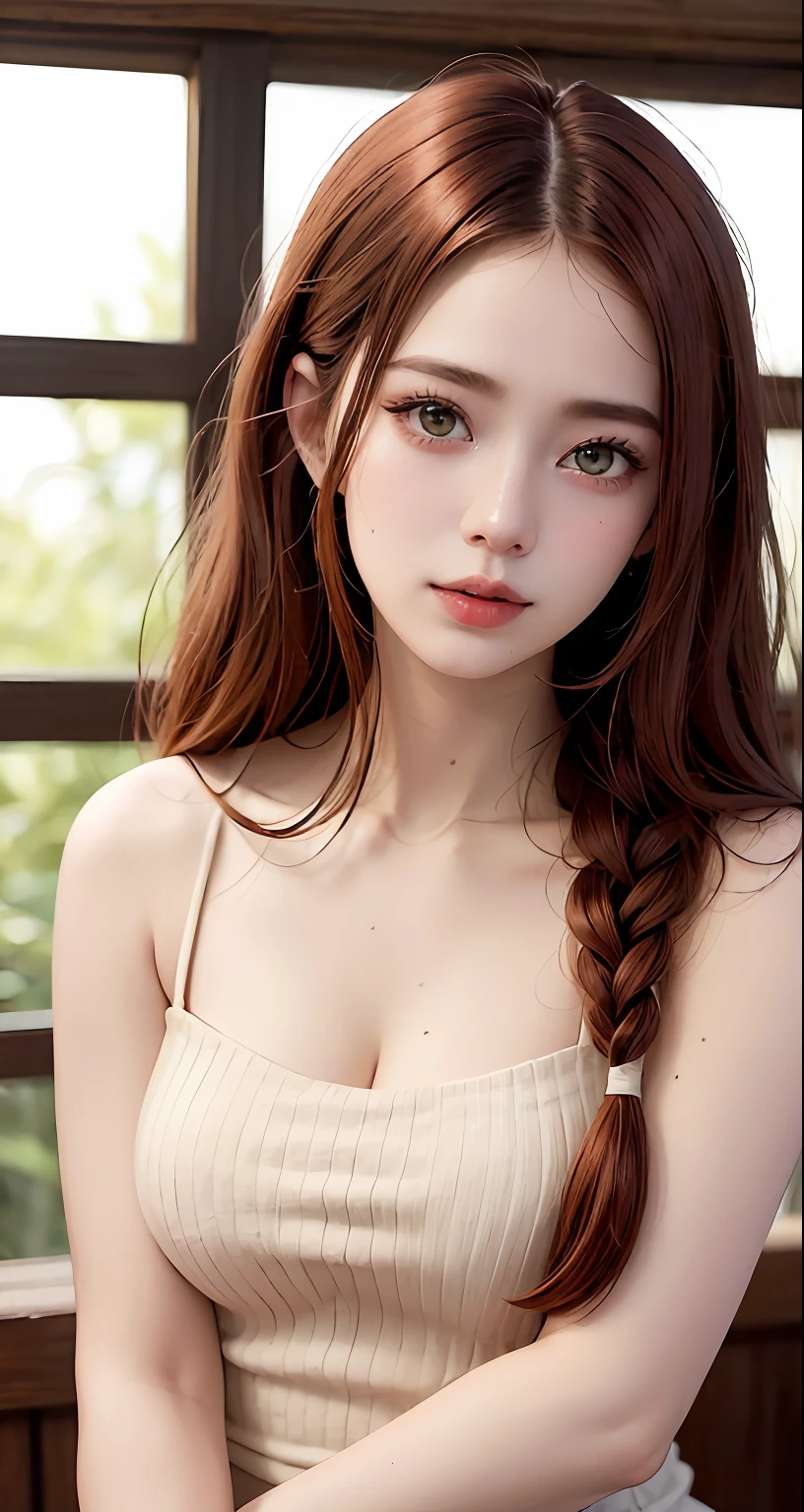 8K, Raw photography, portlate, Turned、Kamimei、top-quality, 超A high resolution、鎖骨、Onepiece、Braids、window、Photorealsitic, 女の子1人, full body Esbian, redhair, Green eyes、piercings, A smile, Eye lashes, 电影灯光, depth of fields, lensflare