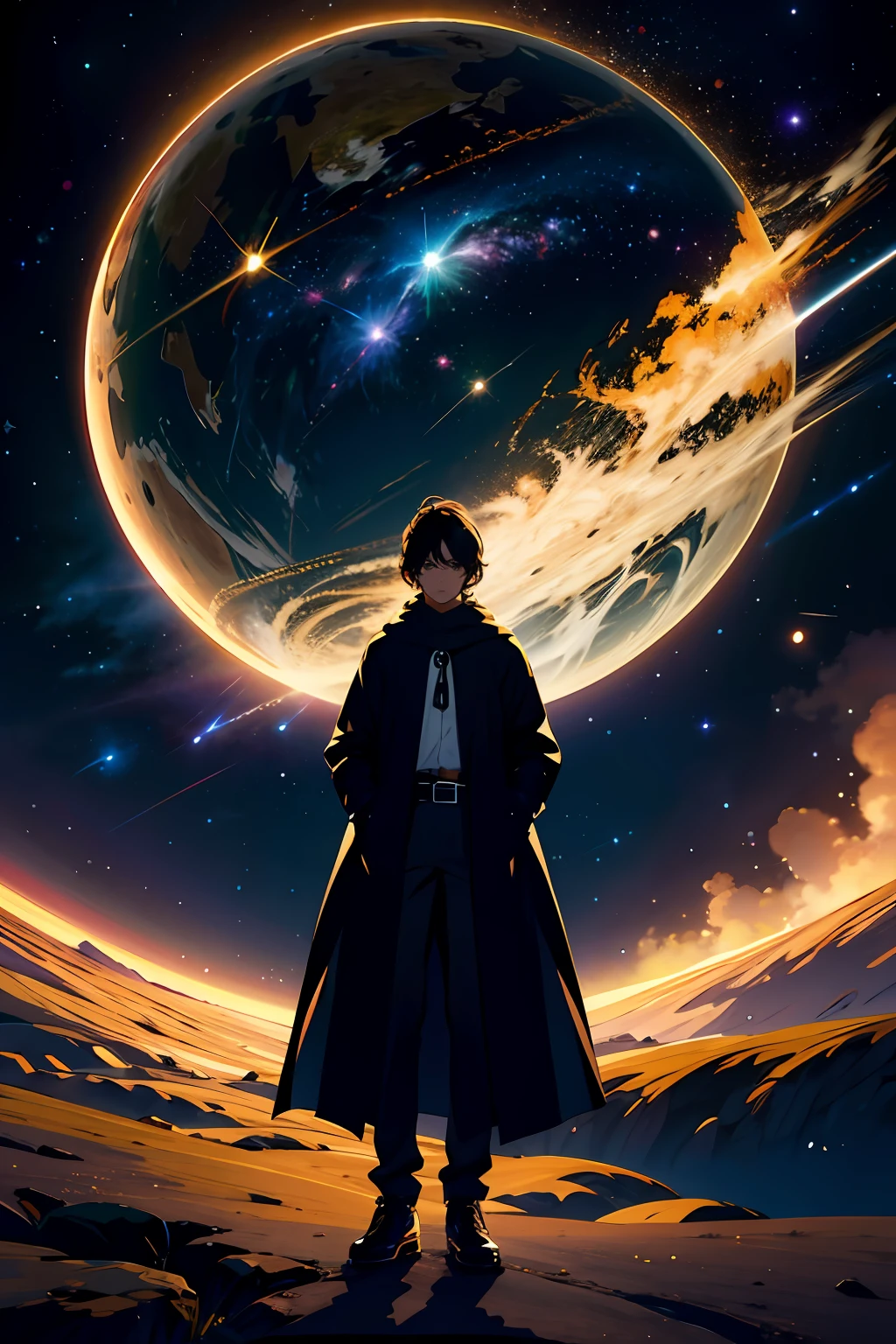 1menino, solo, standingn, outer space, estrela gigante, estrela brilhante, dim sky, roupas de nobre, roupa branca, roupa dourada, roupa preta, yggdrasil tree, giant tree, estrelas menores, (8k super detalhado), (obra-prima), ((obra-prima)), ((cinematic quality)), personagem olhando para a tela, Character in space, fora do planeta, Character flying in space, estrelas de fundo, yggdrasil de fundo, Dark sky around, Dark sky background, nuvens escuras, nuvens claras, personagem de luz, personagem iluminado, personagem brilhante, destaque aos elementos de fundo, destaque ao personagem masculino, roupa nobre branca, figura divina, asas brancas, espada dourada, espada na cintura, arco dourado, arco nas costas, sobretudo branco, ornamentos em dourado, ancient inscriptions, foco no personagem, Character turned in the direction of the screen, personagem olhando a tela, foco no personagem olhando a tela, personagem maior na tela