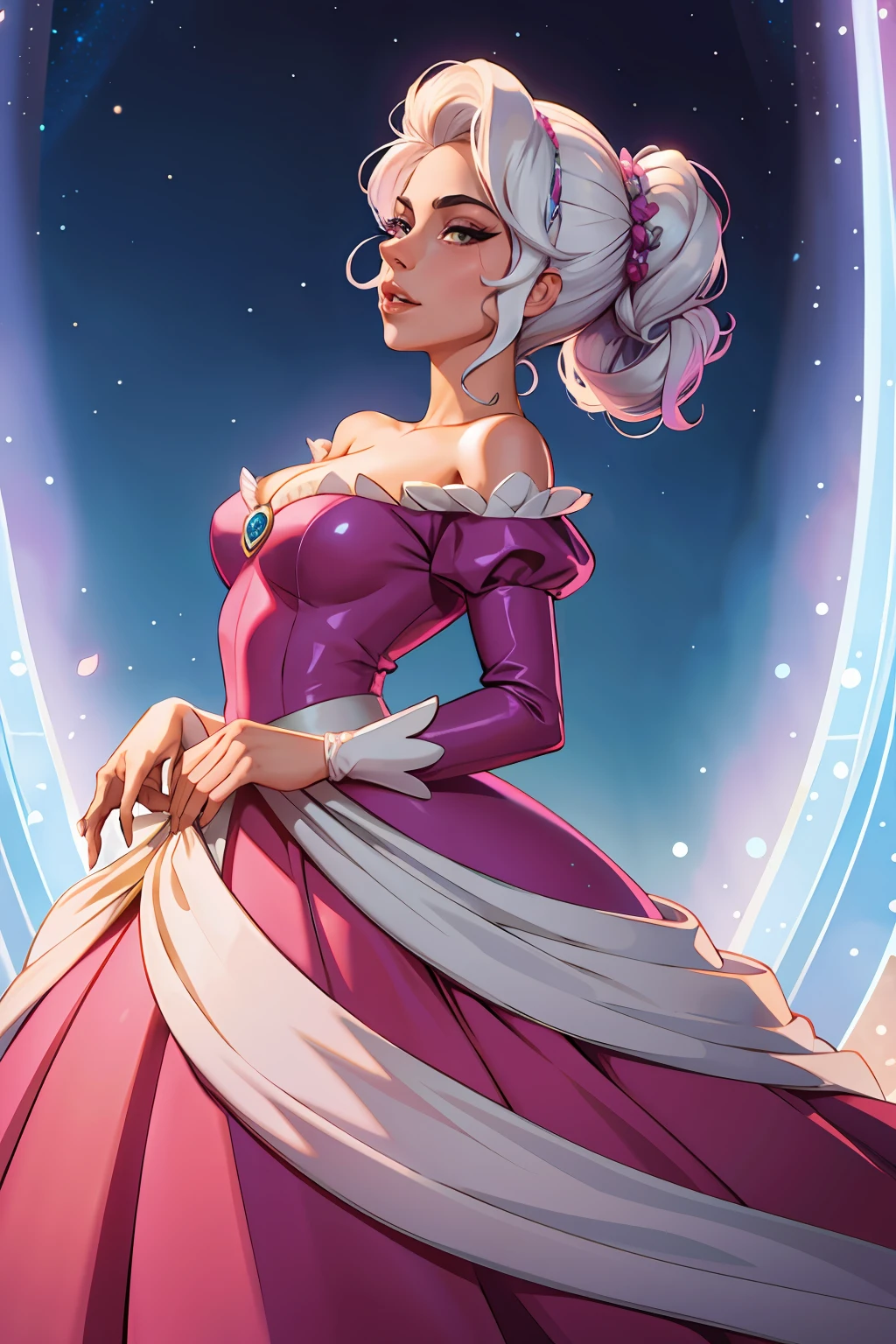 lady gaga como aurora a bela adormecida disney, vestido rosa e cabelo loiro