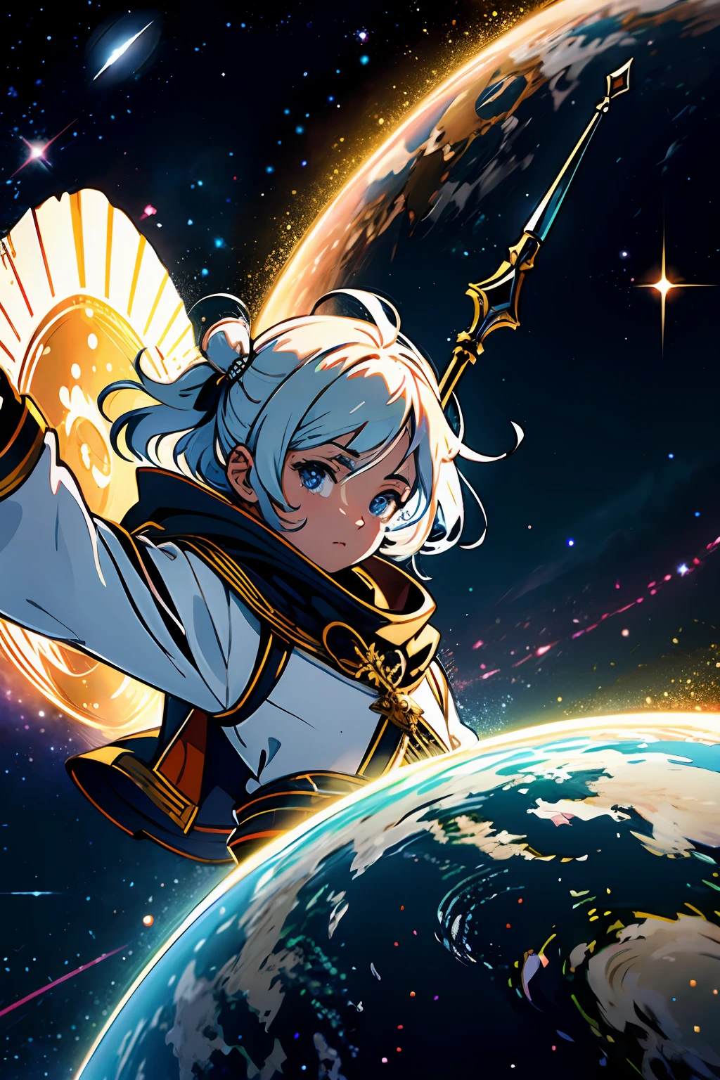 1menino, solo, standingn, outer space, estrela gigante, estrela brilhante, dim sky, roupas de nobre, roupa branca, roupa dourada, roupa preta, yggdrasil tree, giant tree, estrelas menores, (8k super detalhado), (obra-prima), ((obra-prima)), ((cinematic quality)), personagem olhando para a tela, Character in space, fora do planeta, Character flying in space, estrelas de fundo, yggdrasil de fundo, Dark sky around, Dark sky background, nuvens escuras, nuvens claras, personagem de luz, personagem iluminado, personagem brilhante, destaque aos elementos de fundo, destaque ao personagem masculino, roupa nobre branca, figura divina, asas brancas, espada dourada, espada na cintura, arco dourado, arco nas costas, sobretudo branco, ornamentos em dourado, ancient inscriptions, foco no personagem, Character turned in the direction of the screen, personagem olhando a tela, foco no personagem olhando a tela, personagem maior na tela