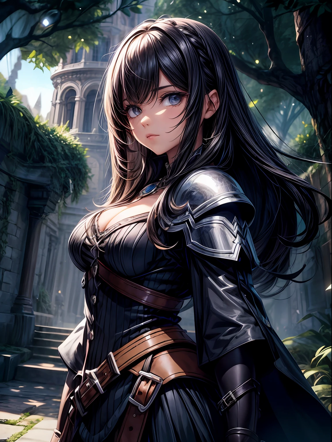 Una mujer, mayor
ojos oscuros, cabello oscuro, Cabello largo, cabello liso,
Lleva una armadura oscura, Cuello de pie, cuello, capa azul. Tiene una espada en la cintura. fantasy. Bosque oscuro, oscuridad, luna.