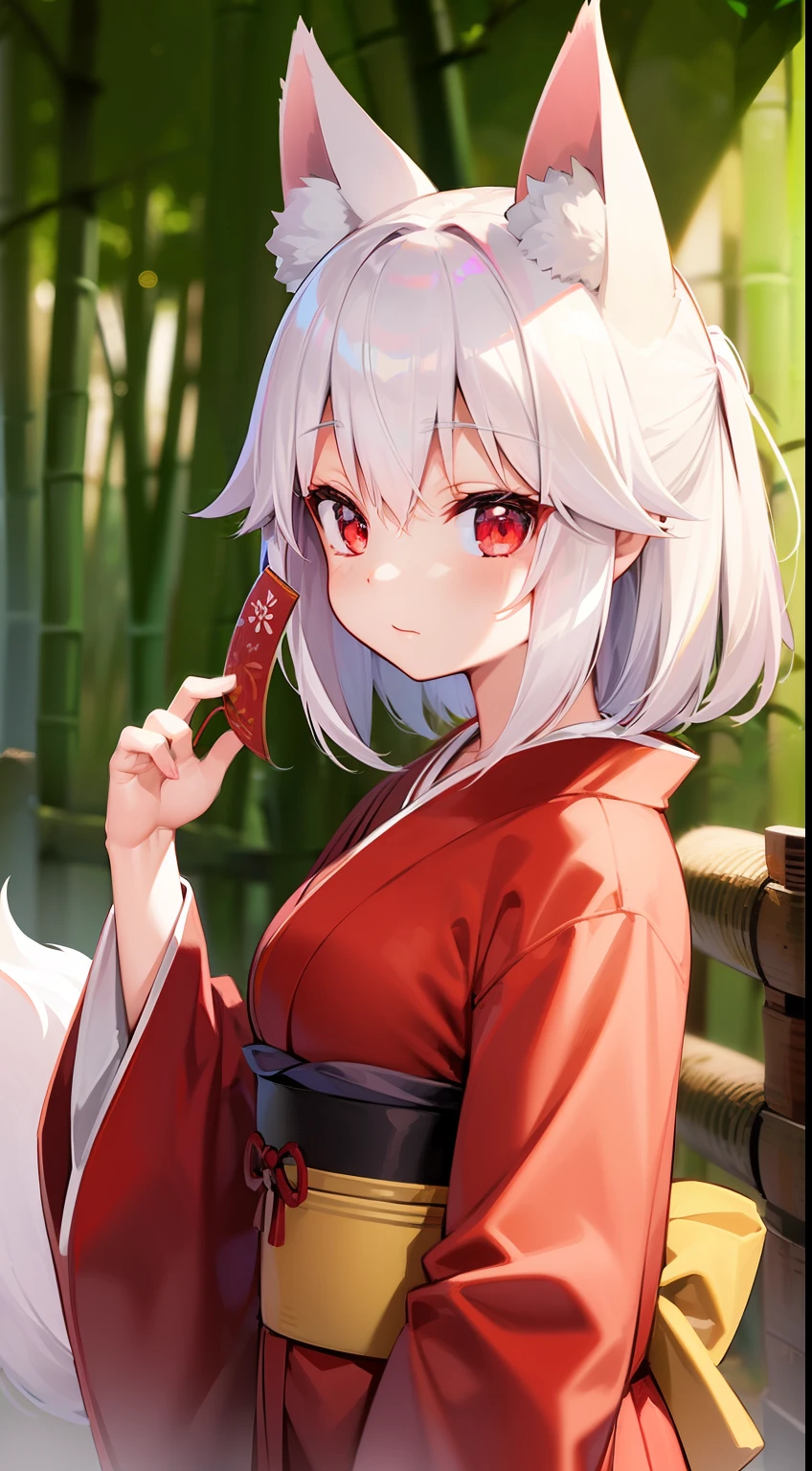 (best quality,ultra detailed)、1girl、summer、fox mask、red kimono、japan shrine、fox ear、super white hair、red eyes、sidetale hair、bamboo grove
