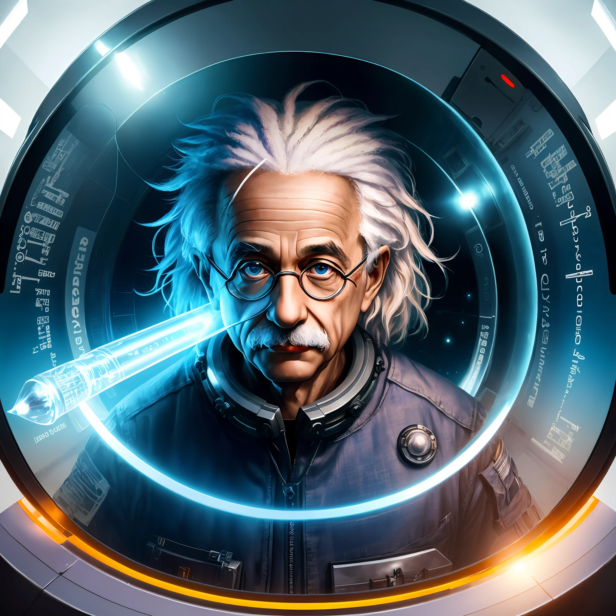 Albert Einstein, warrior, fearless expression, holding book, inside a glass tube on a alien space ship, 4k, realistic, masterpiece, best quality, realistic, detailed, sharp