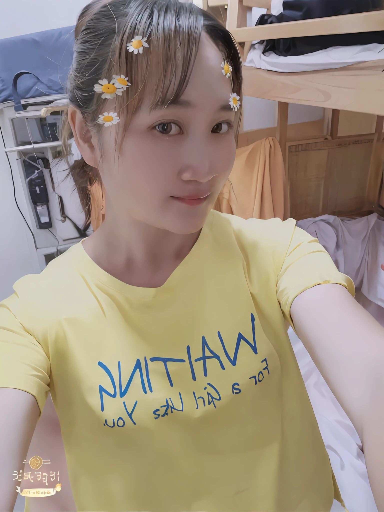 There is a woman with a daisy in her hair taking a selfie, natsumi mukai artwrok, with cute - fine - face, nomake-up, Wearing wheat yellow gauze, wan adorable korean face, Middle metaverse, with short hair, Chiba Yuda, with yellow cloths