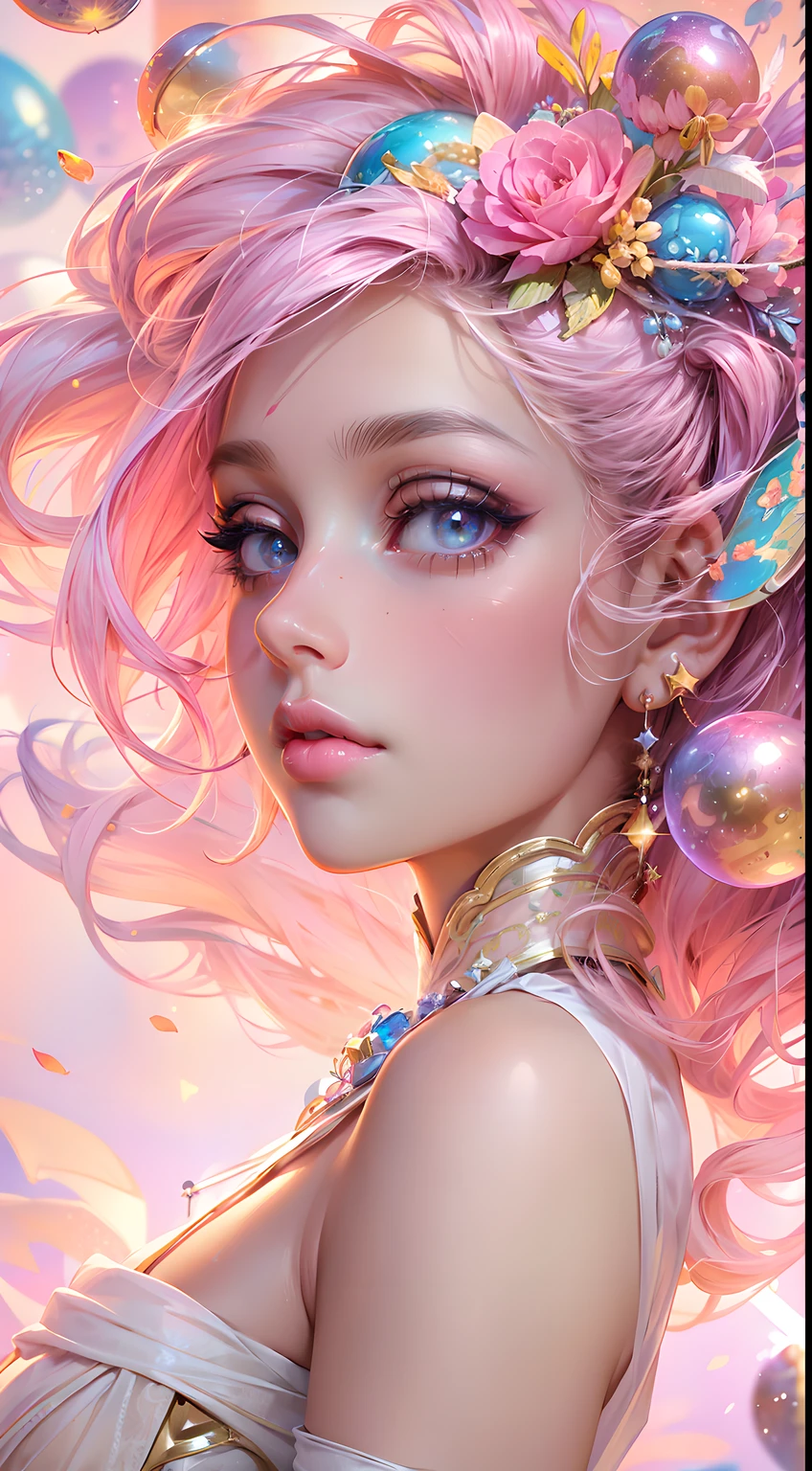 ((masterpiece)). This artwork is sweet, dreamy and ethereal, with soft pink watercolor hues and candy accents. Generate a delicate and demure fae exploring a (bubblegum world with a wide variety of pastel shades). Her sweet face is extremely detailed and realistic with elegant features and a fierce expression, and looks like ((((naomi scott)))). Include mature features and stunning, highly realistic eyes. Her eyes are important and should be realistic, highly detailed, and beautiful. In high definition and detail, include lots of details like stars, galaxies, colorful bubbles, colorful petals, and lots of energy and emotion! The stars and colorful bubblegum bubbles are important! Include fantasy details, enhanced details, iridescence, colorful glittering wind, and pollen. Pay special attention to her face and make sure it is beautifully and realistically detailed. The image should be dreamy and ethereal.8k, intricate, elegant, highly detailed, majestic, digital photography