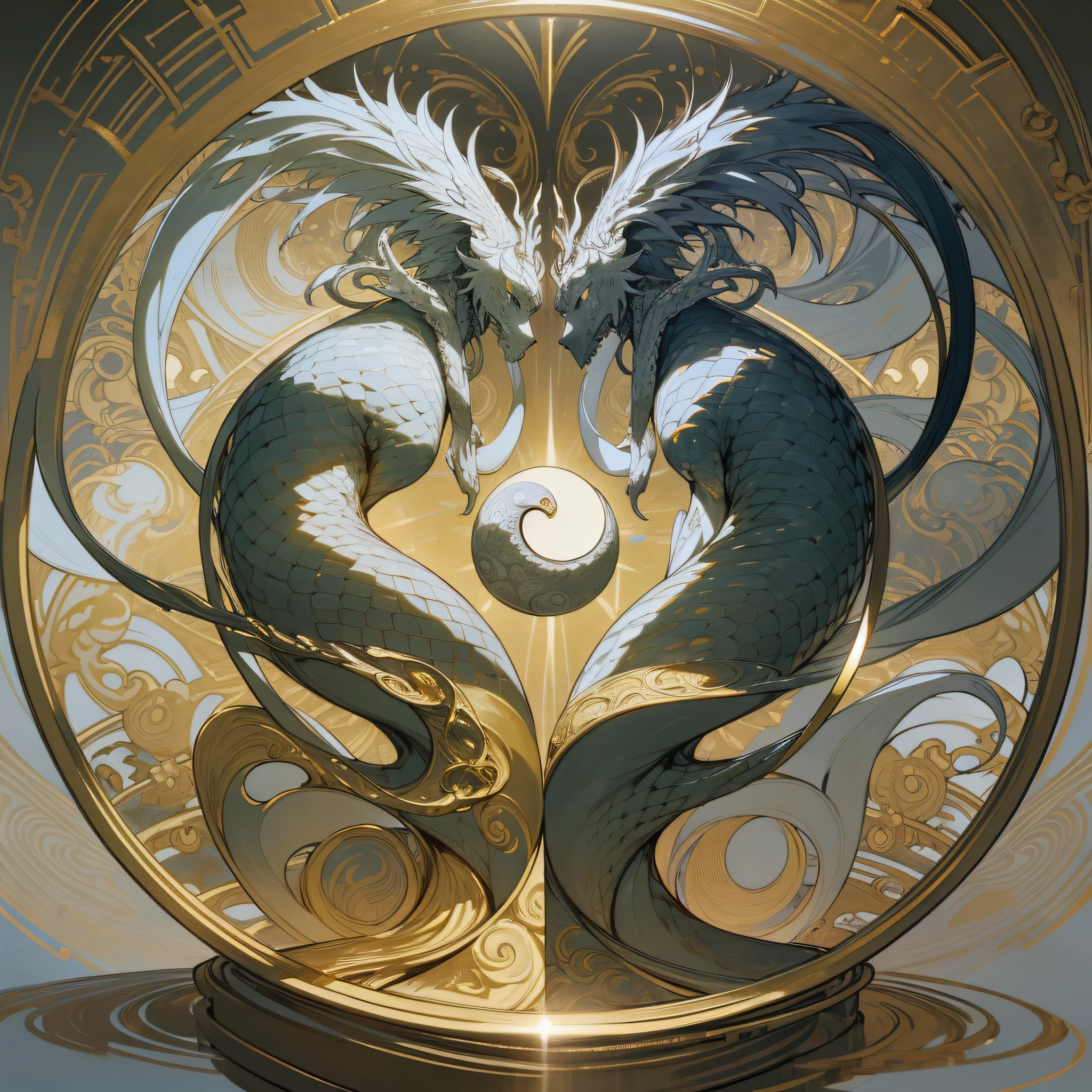(maximum quality, exquisite design, better lighting, better shading), statue of 2 dragons in the form of Yin Yang, under the moon and the sun, detailed and realistic details, intricate, carved in gold and silver marble, shining with moonlight and sunlight, a perfect balance between light and dark, mystical and serene.
