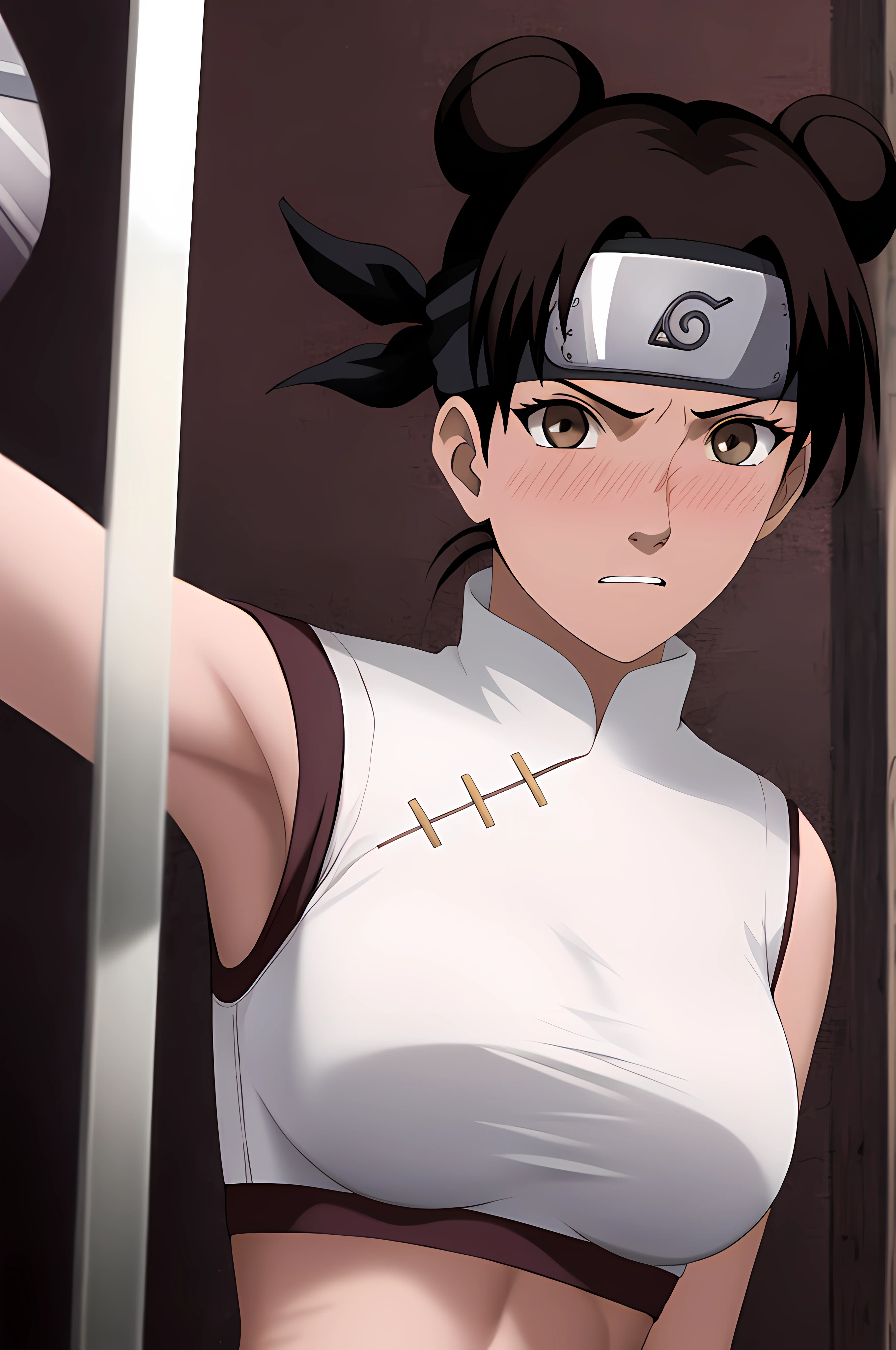 masterpiece, absurdres , (intricate details), (colorful),cinematic lighting,bust shot,extremely detailed CG unity 8k wallpaper,tenten\(shippuden\), 1girl, solo, large breasts, forehead protector, konohagakure symbol, headband, looking at viewer, frown, (white sports bra), (white miniskirt), (field background), blushing, tennis racket, skinny waist, ((busty)), thighs,