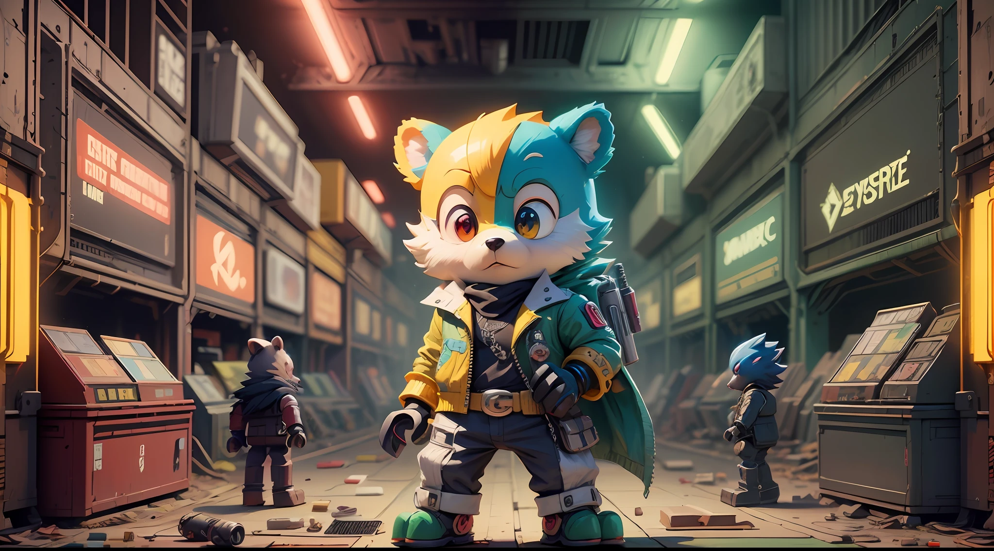 a bear, neon colors, gummy colors, dark vibrant colors, dynamic pose, cyberdelic, electrifying art, neon lights, yugioh, zelda, sonic the hedgehog, lego, animal crossing, apex legends, cyberpunk, quincy punk, neon city, 8k, akira toriyama --auto --s2