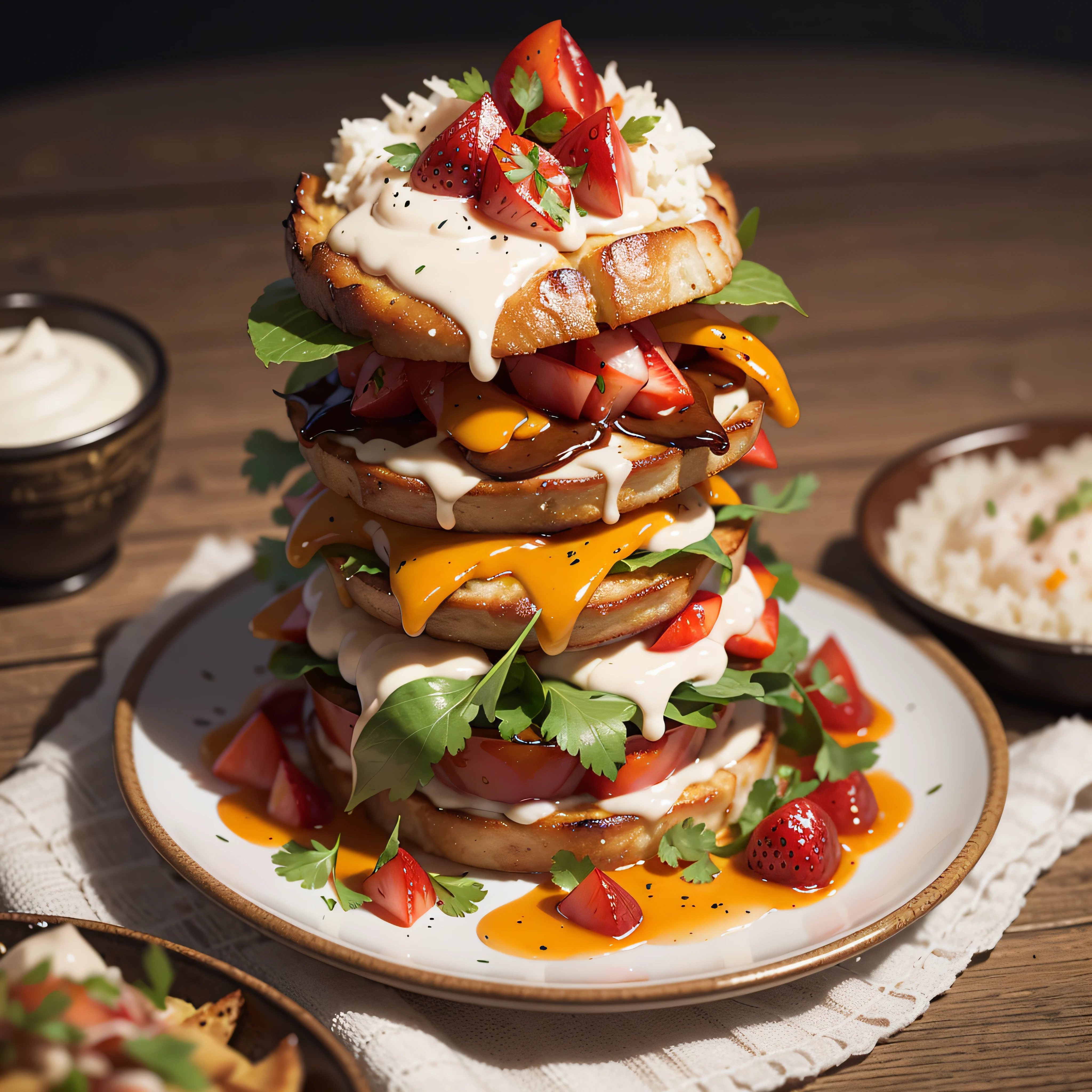 ((anime style+food), best illustration, delicate, detailed, high resolution, dynamic angle, colorful dishes,juicy, delicious, elaborate presentation, a mouth-watering feast, culinary art, master chef's creation,craving for more)