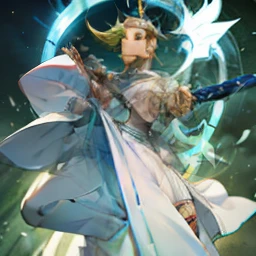 solo person,Handsome,male people,Deities,The halo,divino,white clothes,high qulity,Pubic area is clear,The tone of the picture is green,the god of war,charge,musculature,large sword,