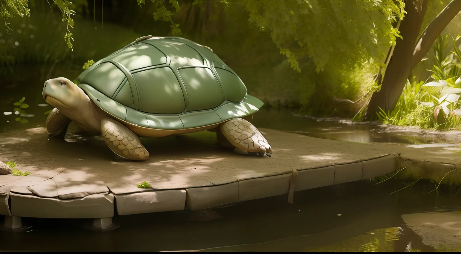 Beneath the willow's shade, an old and wise turtle named Oliver sits serenely by the glistening stream, his eyes reflecting the wisdom of countless years.