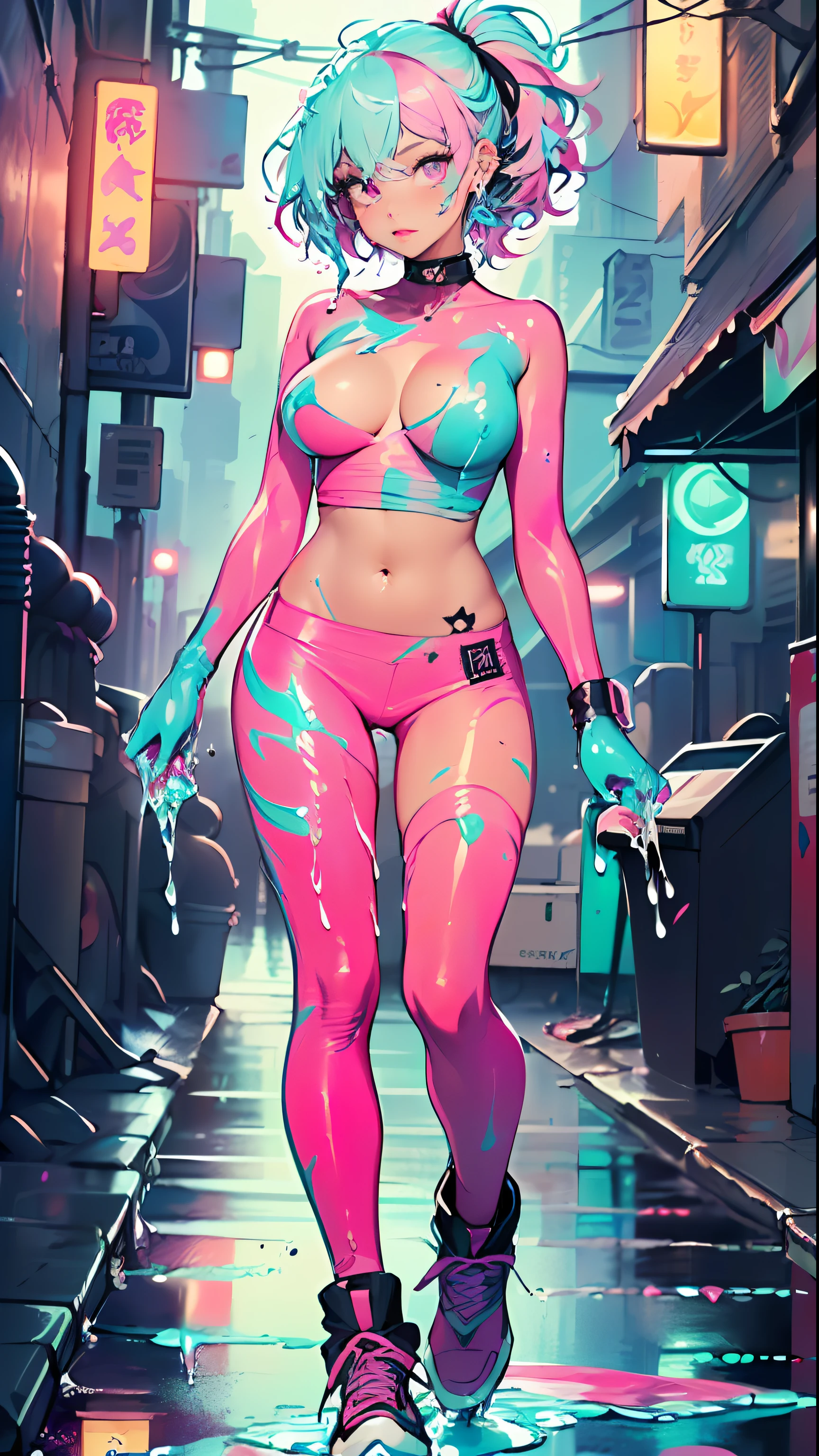 cute cartoon girl,(((1girl))),((extremely cute and beautiful liquid paint hair haired anime girl walking down the street)),

(large breasts:1.4),saggy breasts,short hair,(((liquid paint hair:1.1,neon purple hair|neon pink hair|neon blue hair|neon aqua hair|purple hair|fuchsia hair|fluorescent blue hair|amethyst hair|neon hair|bright pink hair :1.5,bright hair: 1.3,hair made of paint and defies gravity,thick flowing,paint splatter:1.3,shiny hair: 1.3,vibrant colored hair))),((heterochromia,eye1 purple,eye2 pink,upturned eyes:1.3,perfect eyes,beautiful detailed eyes,rainbow glows ultra-detailed deep pink purple eyes:1.1,gradient eyes:1,finely detailed beautiful eyes:1,symmetrical eyes:1,big highlight on eyes:1.2)),((fat)),(((lustrous skin:1.5,bright skin: 1.5,skin tanned,shiny skin,very shiny skin,shiny body,plastic glitter skin,exaggerated shiny skin))),(spider lower abdomen,narrow waist,wide hip,athletic body,inflated legs,delicate detailed fingers,detailed body,detailed arms,human hands,detailed hands),

cute,slutty,seductive,erotic,(((nsfw))),

(((liquid paint clothing,clothes made of liquid paint,purple clothes|pink clothes|blue clothes|aqua clothes|purple clothes|fuchsia clothes|amethyst clothes|neon clothes|bright pink clothes :1.5))),revealing clothing,with micro clothes,(detailed outfit,detailed clothes),tiny thong,bare legs,

(dynamic pose:1.0),solo focus,embarrassed,centered,scale to fit dimensions,Rule of thirds,

outdoors,((night view)),(cyberpunk night street Background: 1.5,dark sky,alleyway,lonely alley,thick clouds,detailed background:1.25),

(best quality),(high resolution),(sharp focus),(ultra detailed),(extremely detailed),(extremely high quality artwork),8k_wallpaper,(extremely detailed CG 8k),(very fine 8K CG),((hyper super ultra detailed perfect piece)),flawless,(((masterpiece))),illustration,vibrant colors,(intricate),High contrast,Selective lighting,Double exposure,HDR (High Dynamic Range),Post-processing,Background blur,