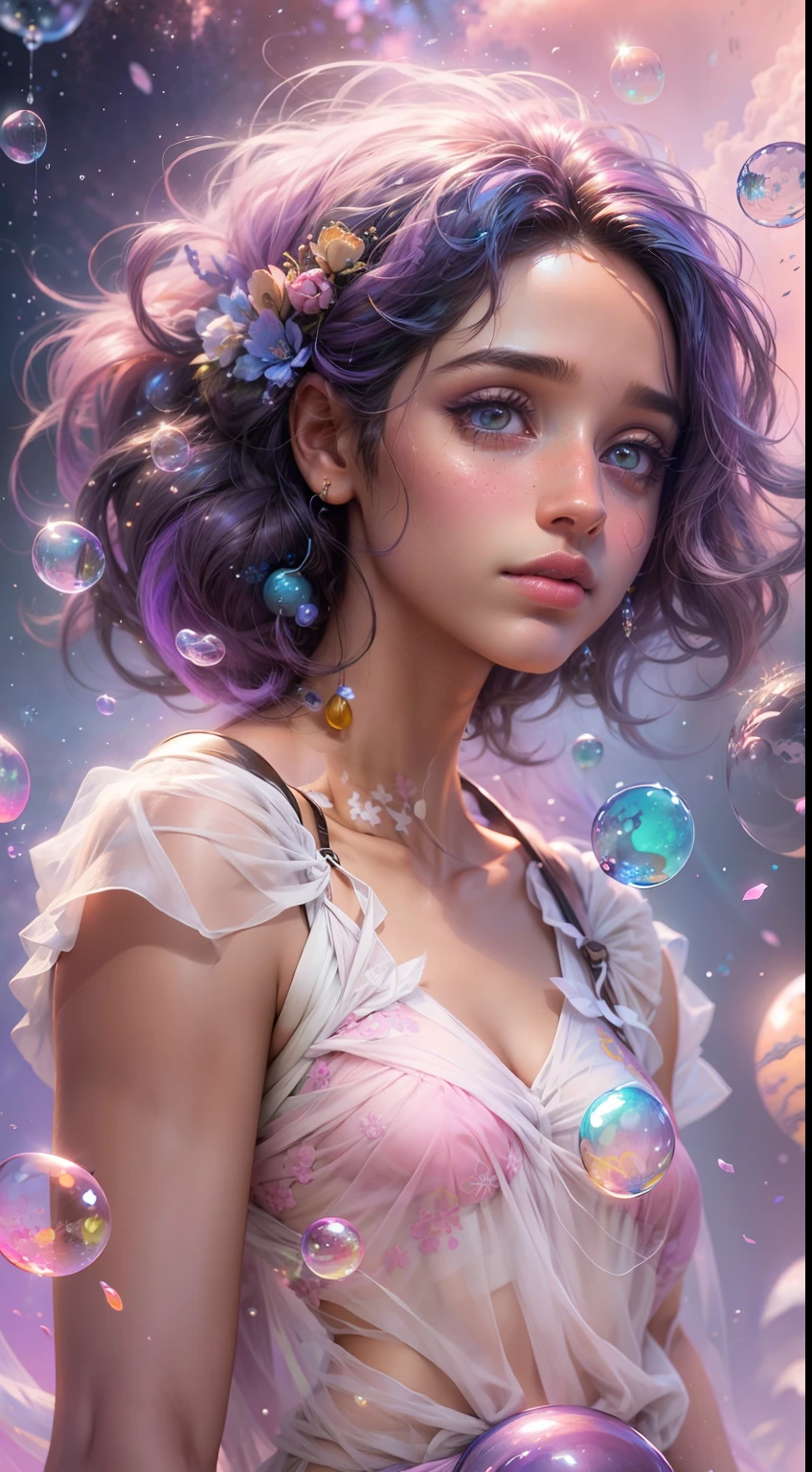 ((masterpiece)). This artwork is sweet, dreamy and ethereal, with soft pink watercolor hues and candy accents. Generate a delicate and demure fae exploring a (bubblegum world with a wide variety of pastel shades). Her sweet face is extremely detailed and realistic with elegant features and a fierce expression, and looks like ((((naomi scott)))). Include mature features and stunning, highly realistic eyes. Her eyes are important and should be realistic, highly detailed, and beautiful. In high definition and detail, include lots of details like stars, galaxies, colorful bubbles, colorful petals, and lots of energy and emotion! The stars and colorful bubblegum bubbles are important! Include fantasy details, enhanced details, iridescence, colorful glittering wind, and pollen. Pay special attention to her face and make sure it is beautifully and realistically detailed. The image should be dreamy and ethereal.8k, intricate, elegant, highly detailed, majestic, digital photography