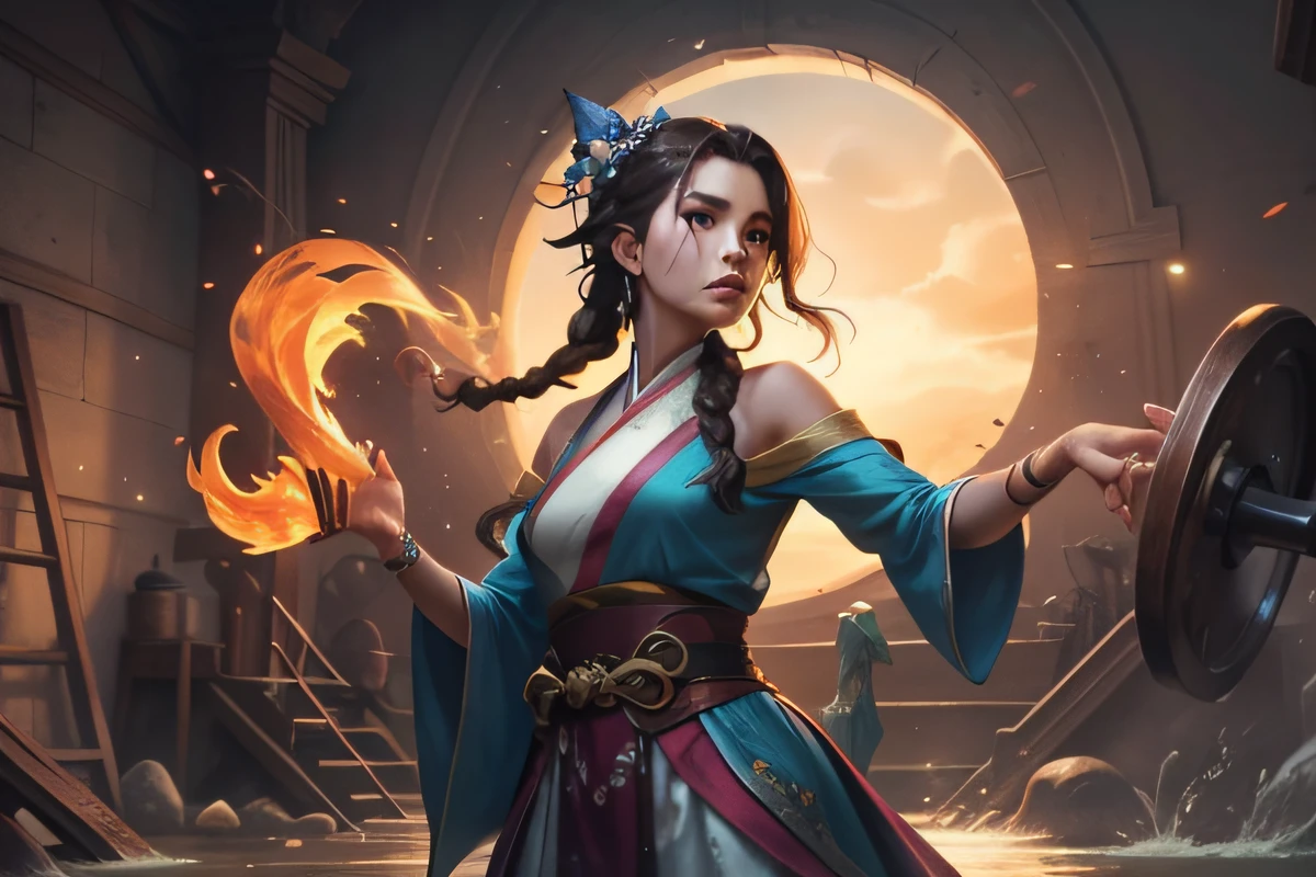 1 cinta, Moda Hanfu, Conceito-Arte, Vista-se energicamente, pose de ioga, Design de penteado vibrante, raios de luar, raios de sol, artista conceitual, (A arte de Jean Arp:1.2), arte oficial, 8k 壁纸, Ultra - Detalhado, esthetic, tmasterpiece, melhor qualidade,realista, numa paisagem, water, (papel de parede 8k de unidade CG extremamente detalhado), obras de arte mais bonitas do mundo, professional majestic oil painting, intrincada, alto detalhe, foco nítido, dramatic and photorealistic painting art.