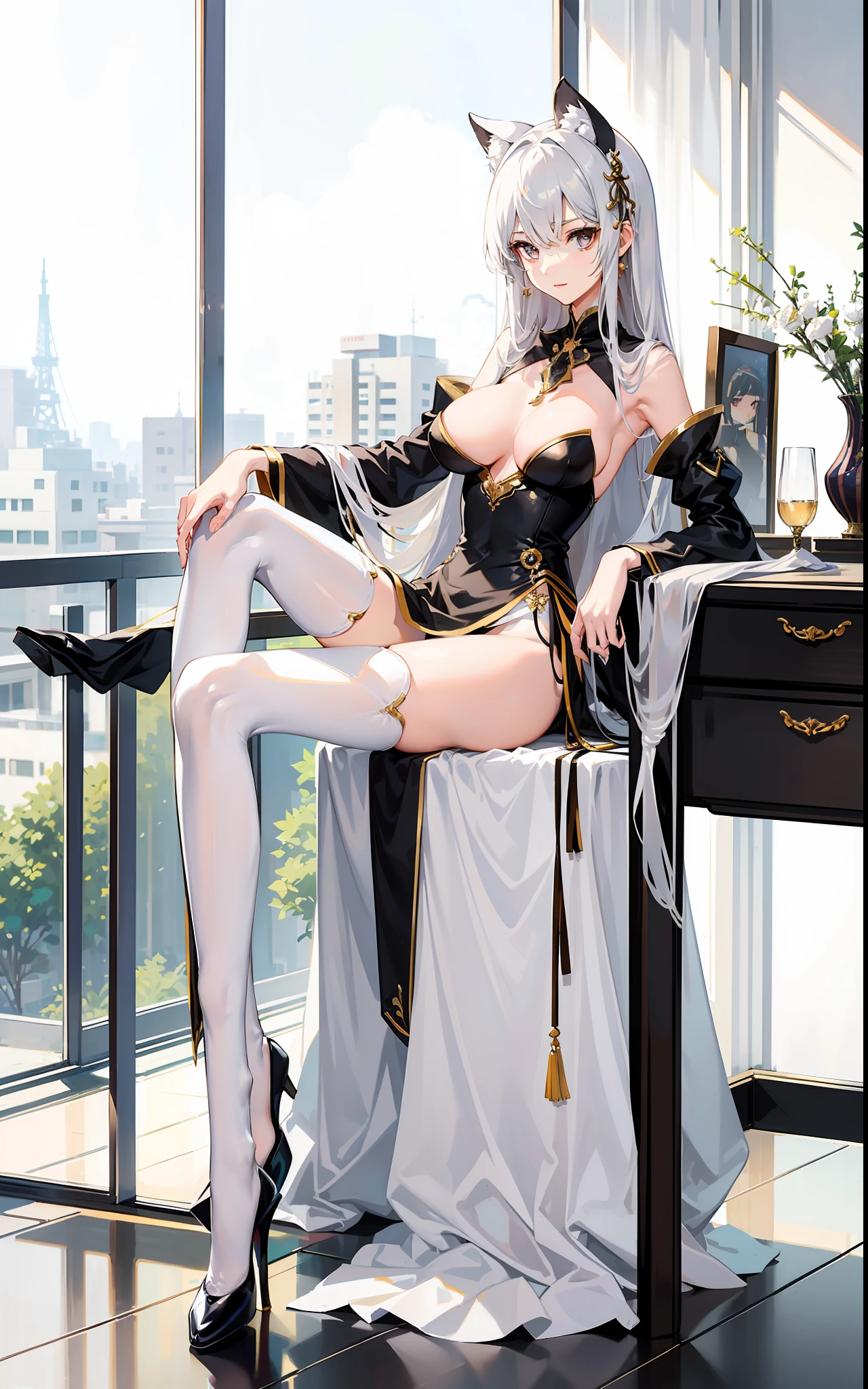 Graceful legs、long thin legs、thighhighs and skirt、long legged、Very beautiful slim legs、Very beautiful long slim legs、Sitting on a desk、nice leg、good hips and long legs、Beautiful legs、cleavage of the breast、Colossal tits、 kindly smile、cafe terrace、fashionable cafe、Girl with a Japan sword