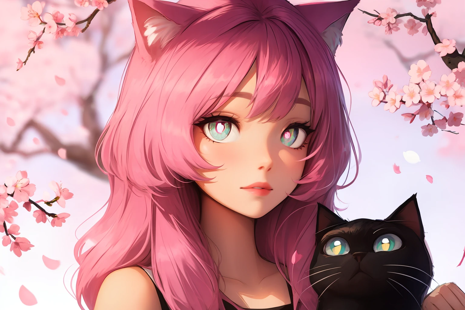 Pink-haired girl,Cat ears,Cherry blossom decoration,Pink pupils