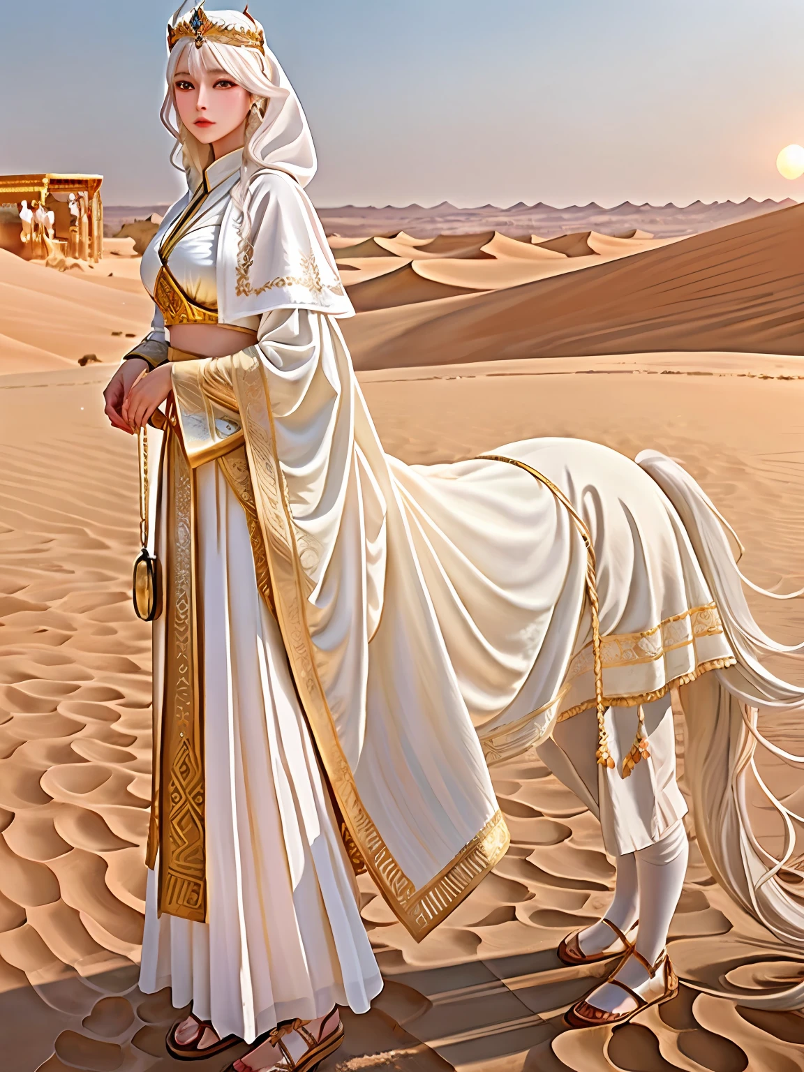 There was a woman standing next to a horse, gold and white cloak, arabian princess, commission for high resolution, Beautiful character painting, royal elegant pose, elegant digital painting, Realistic fantasy illustration, ((a beautiful fantasy empress)), arabian beauty, Inspired by WLOP, Arabia, Desert nomads, desert robe, by Cynthia Sheppard, centaur horse