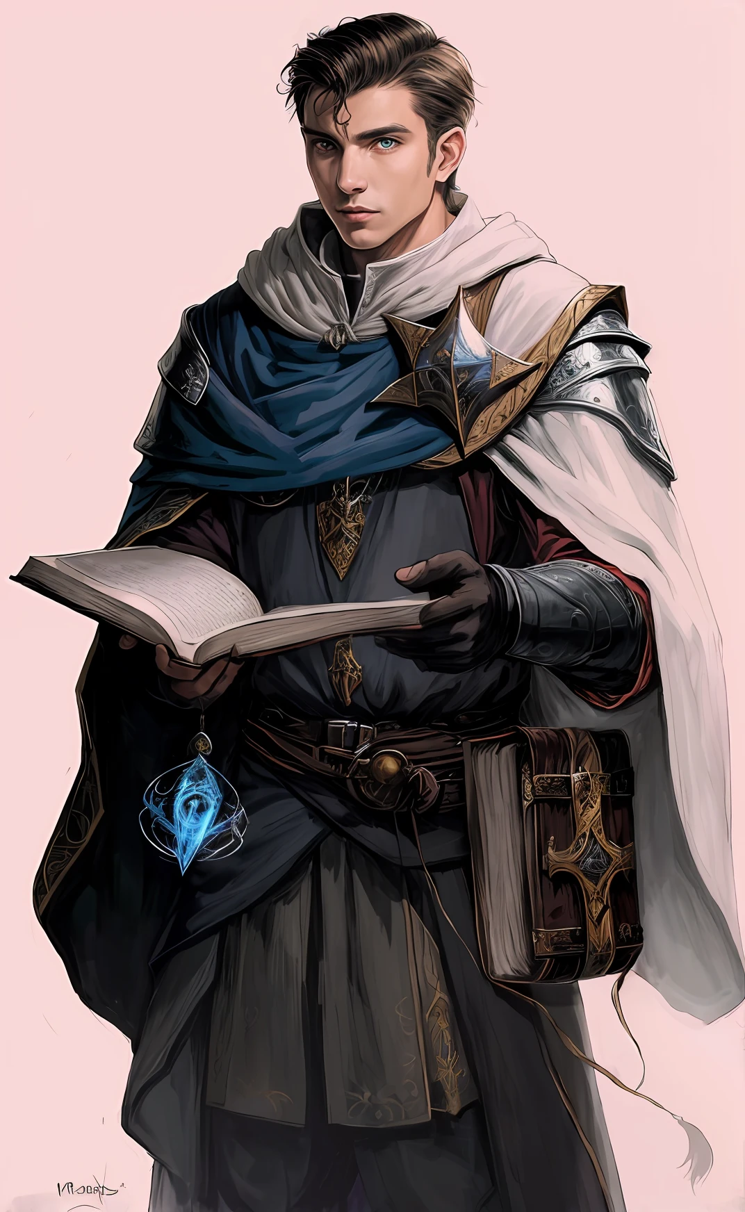 man in a cloak holding a magic book, picture of a male cleric, portrait of a mage, rpg character art, medieval style, high fantasy, had, a wise man