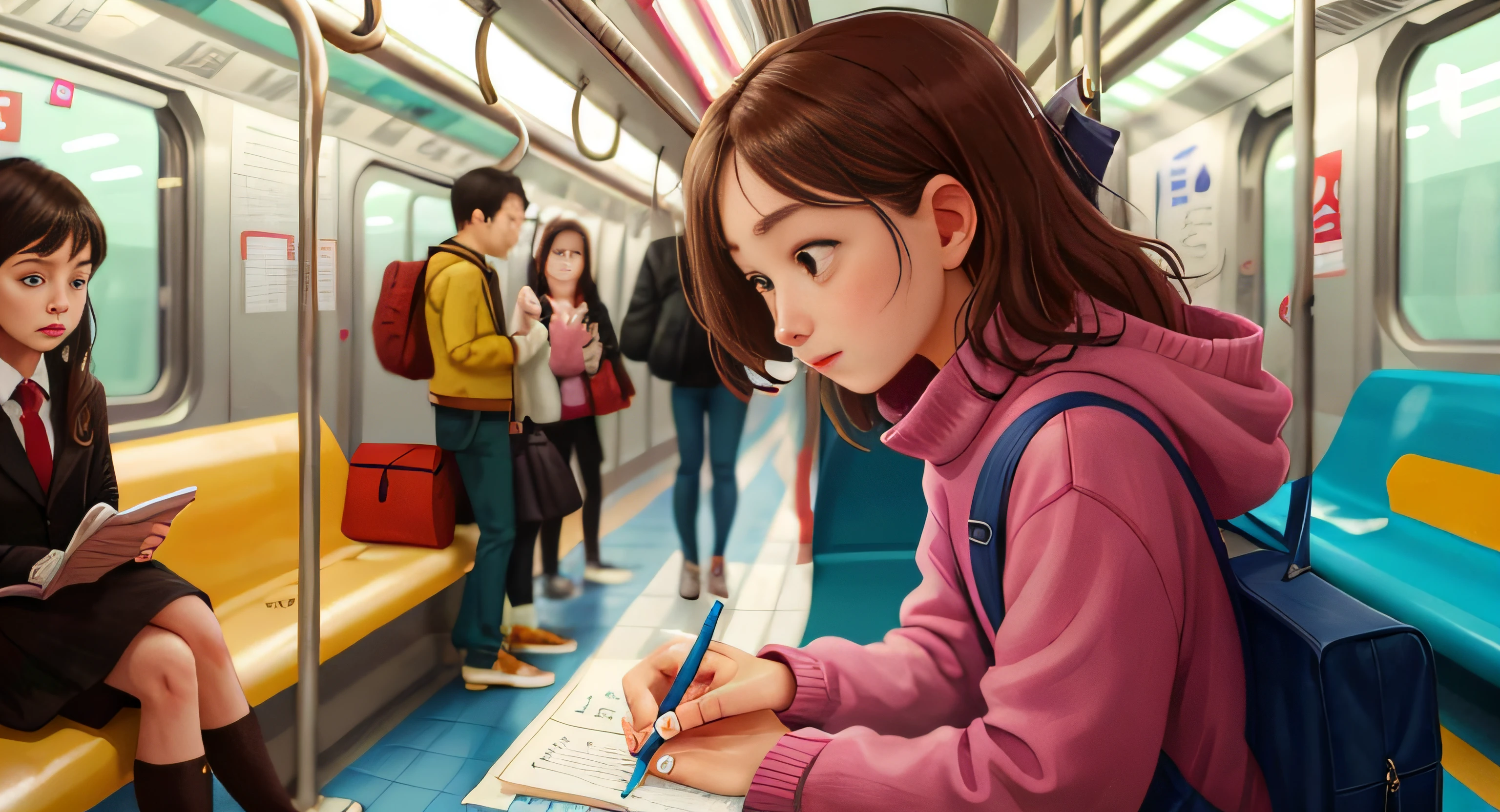 Liz on the subway jotting down in her notebook